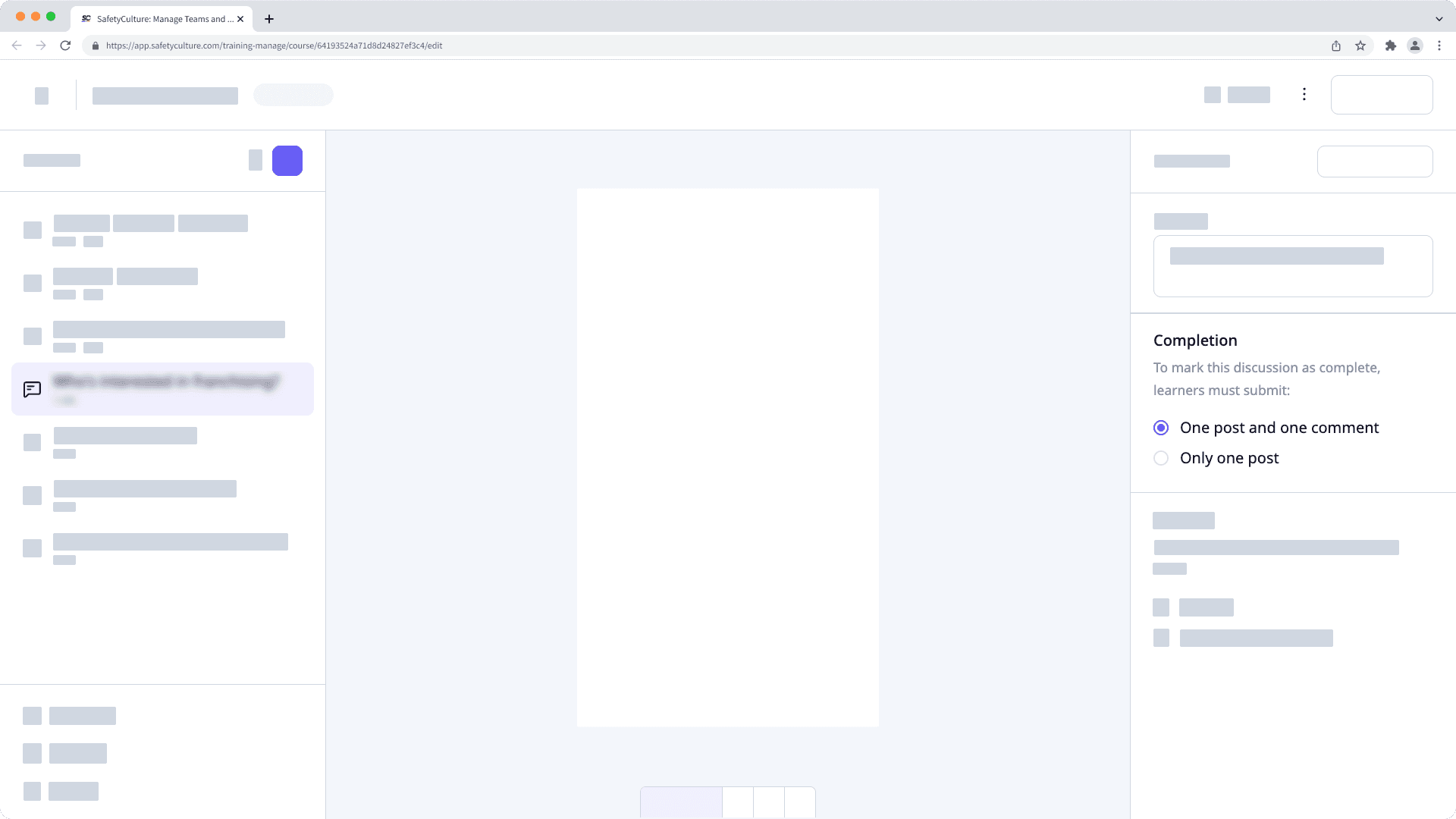 The completion settings for a discussion lesson in a training course.