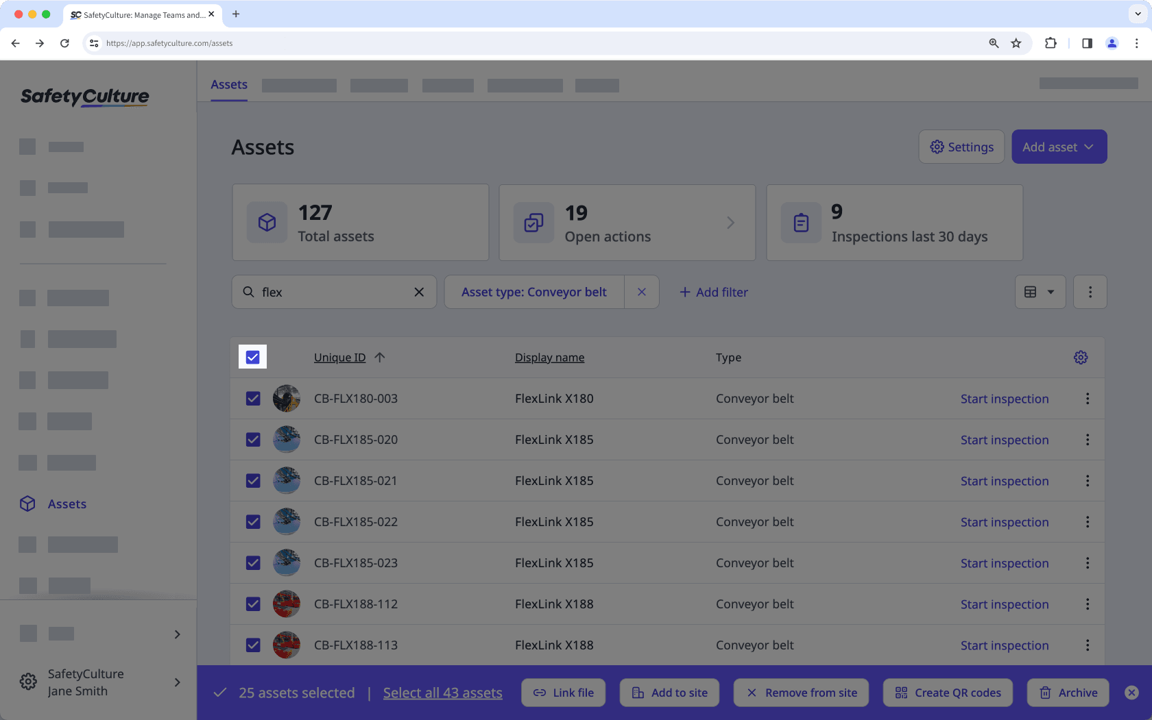 Select all assets visible in the asset list via the web app.