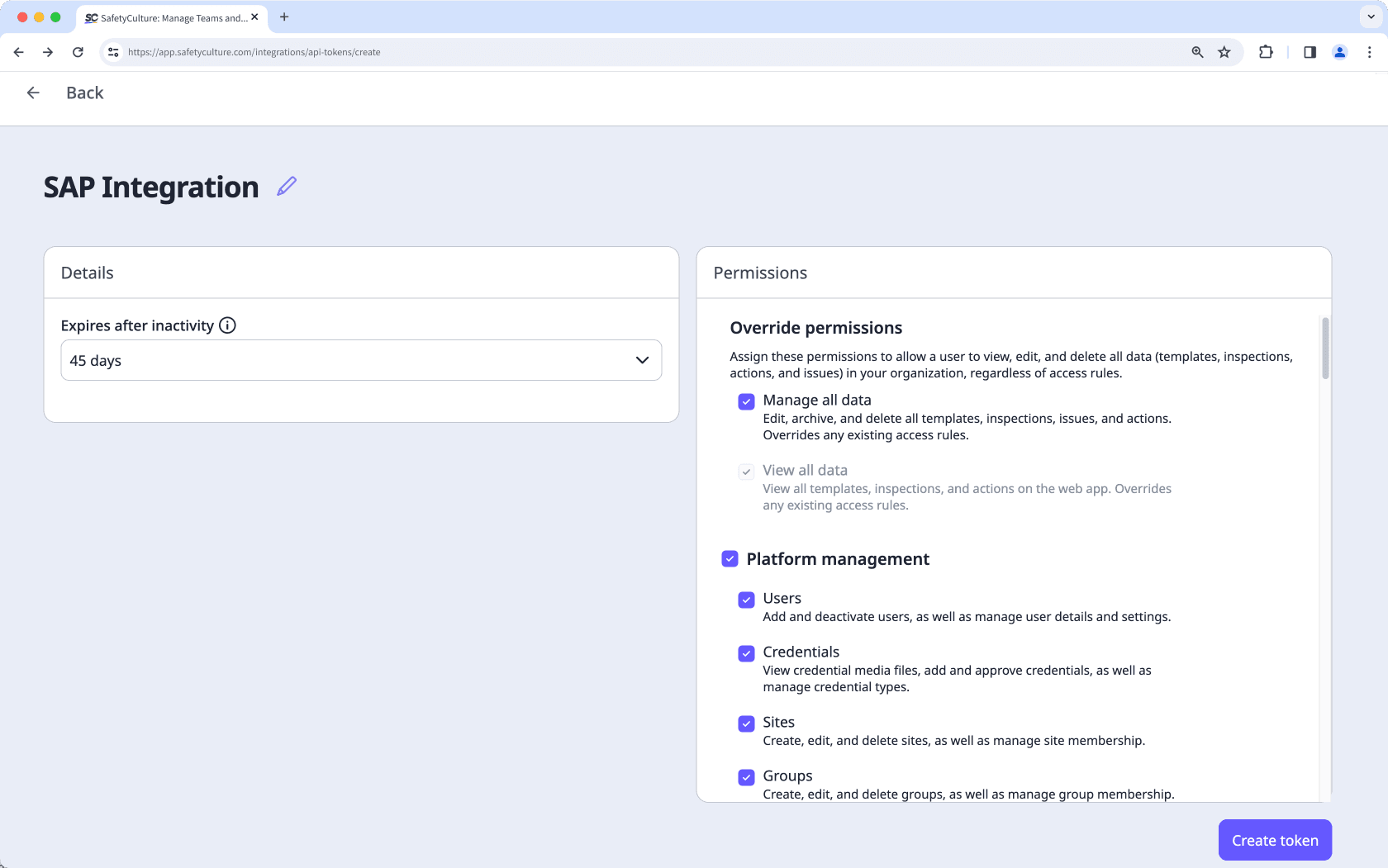 Create a service user API token via the web app.
