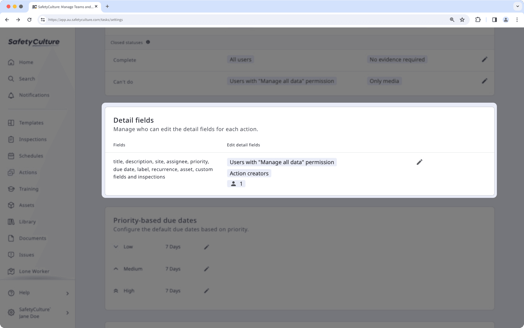 Manage action detail field editing via the web app.