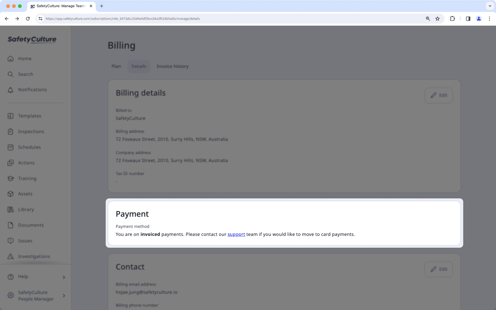 Invoice payment method on the Billing page of the web app.