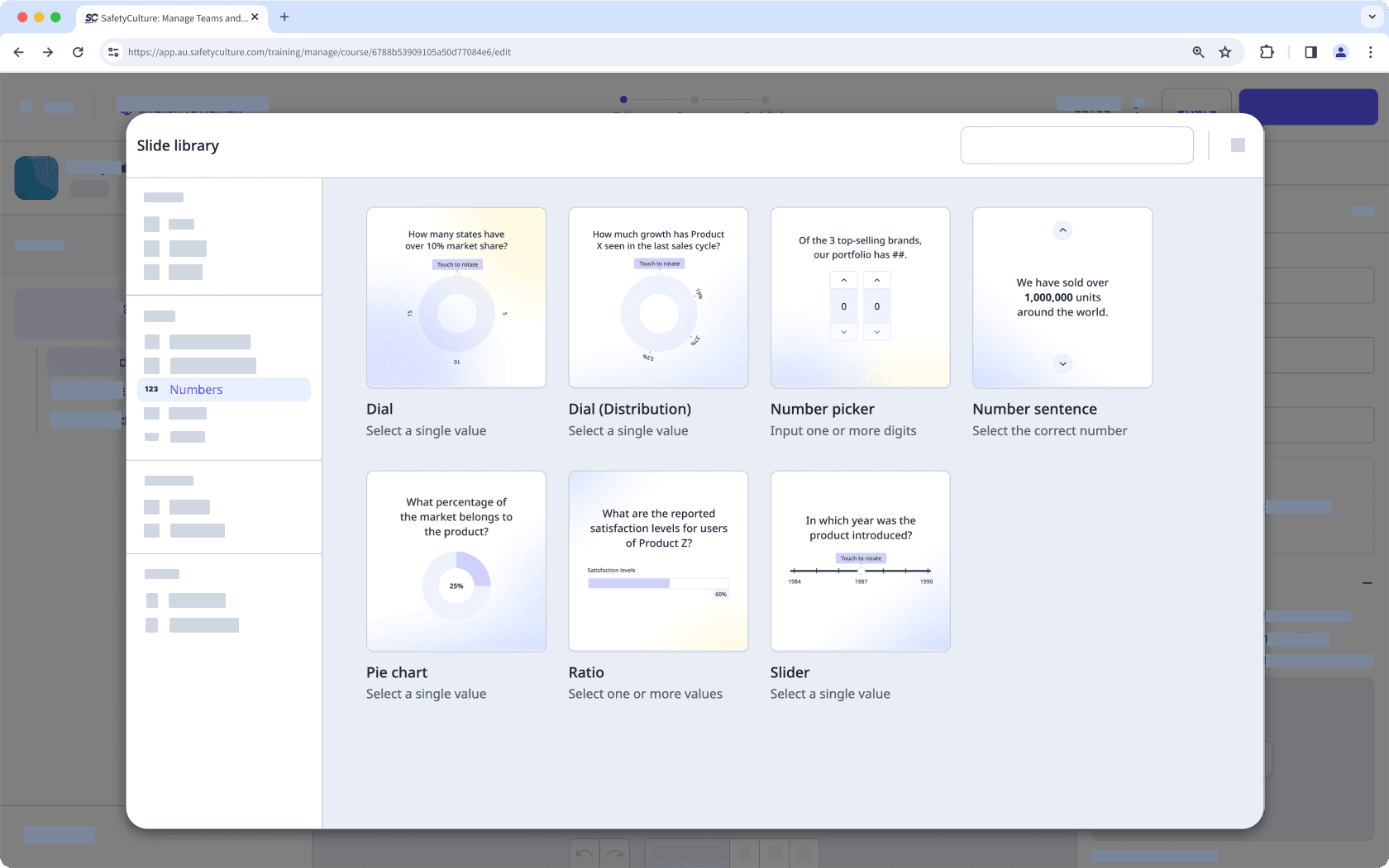 An example of numbers slide templates for training course lessons via the web app.