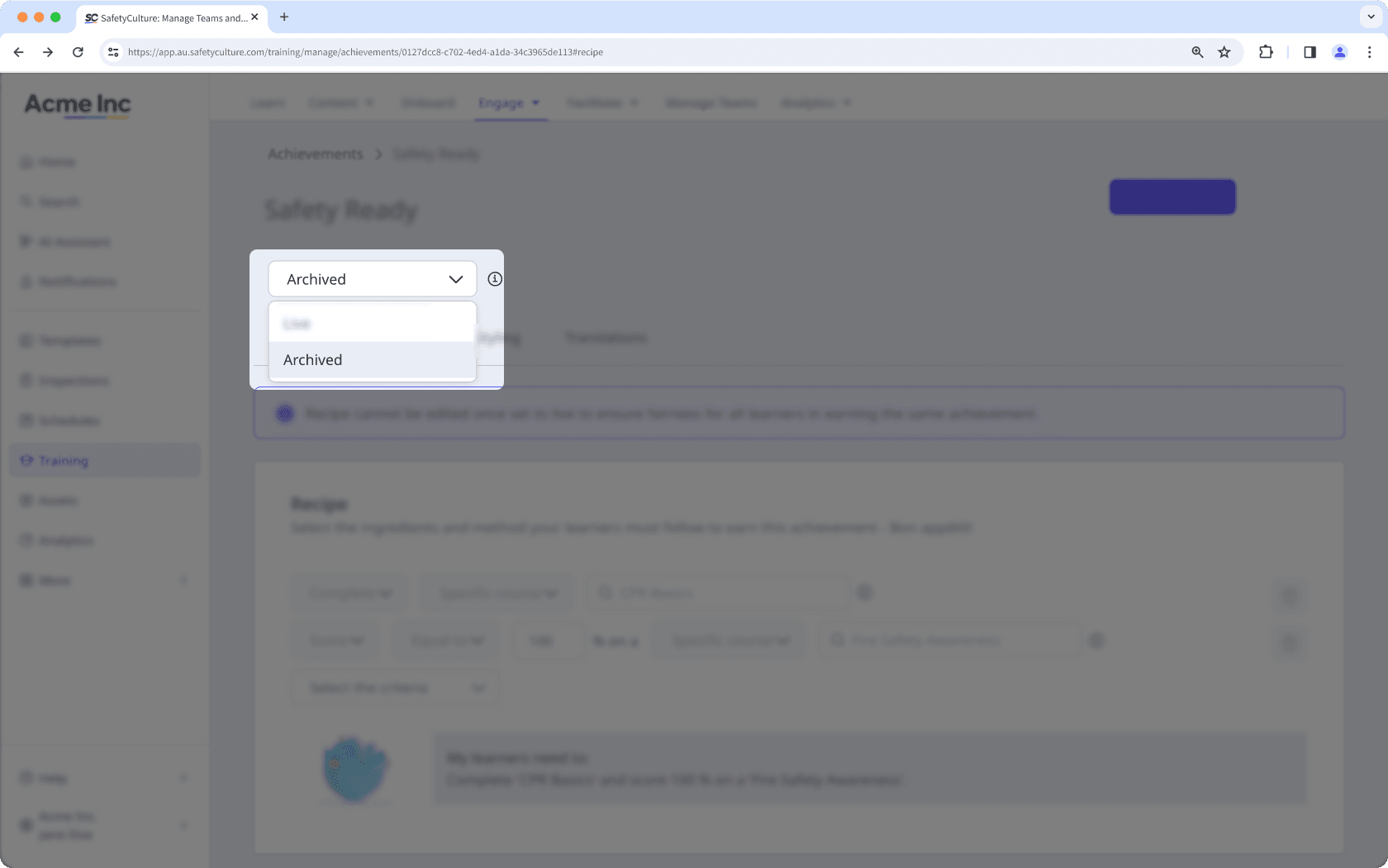 Status dropdown set to Archived on an achievement's edit page.