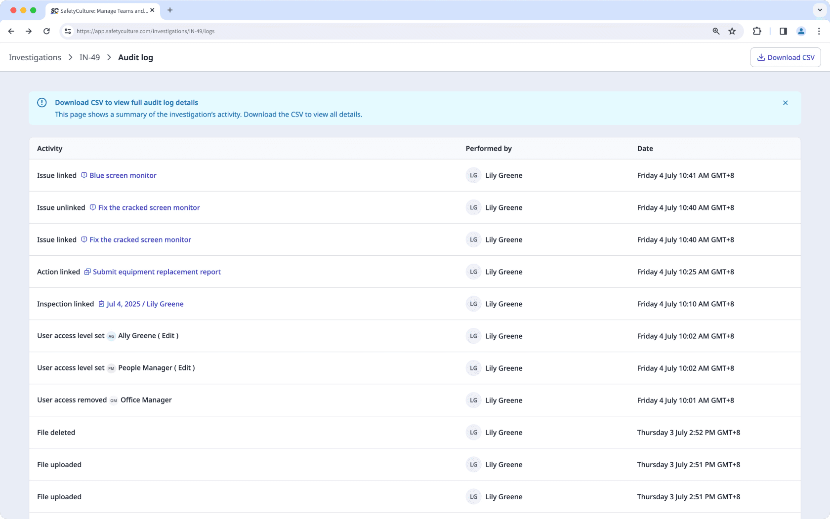 View and download an investigation's audit log via the web app.