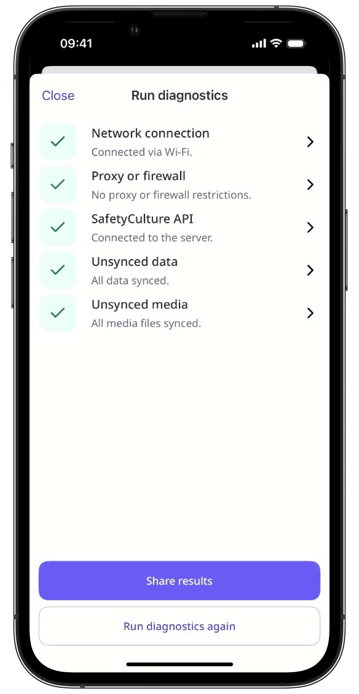 An example of a diagnostics results on the mobile app.