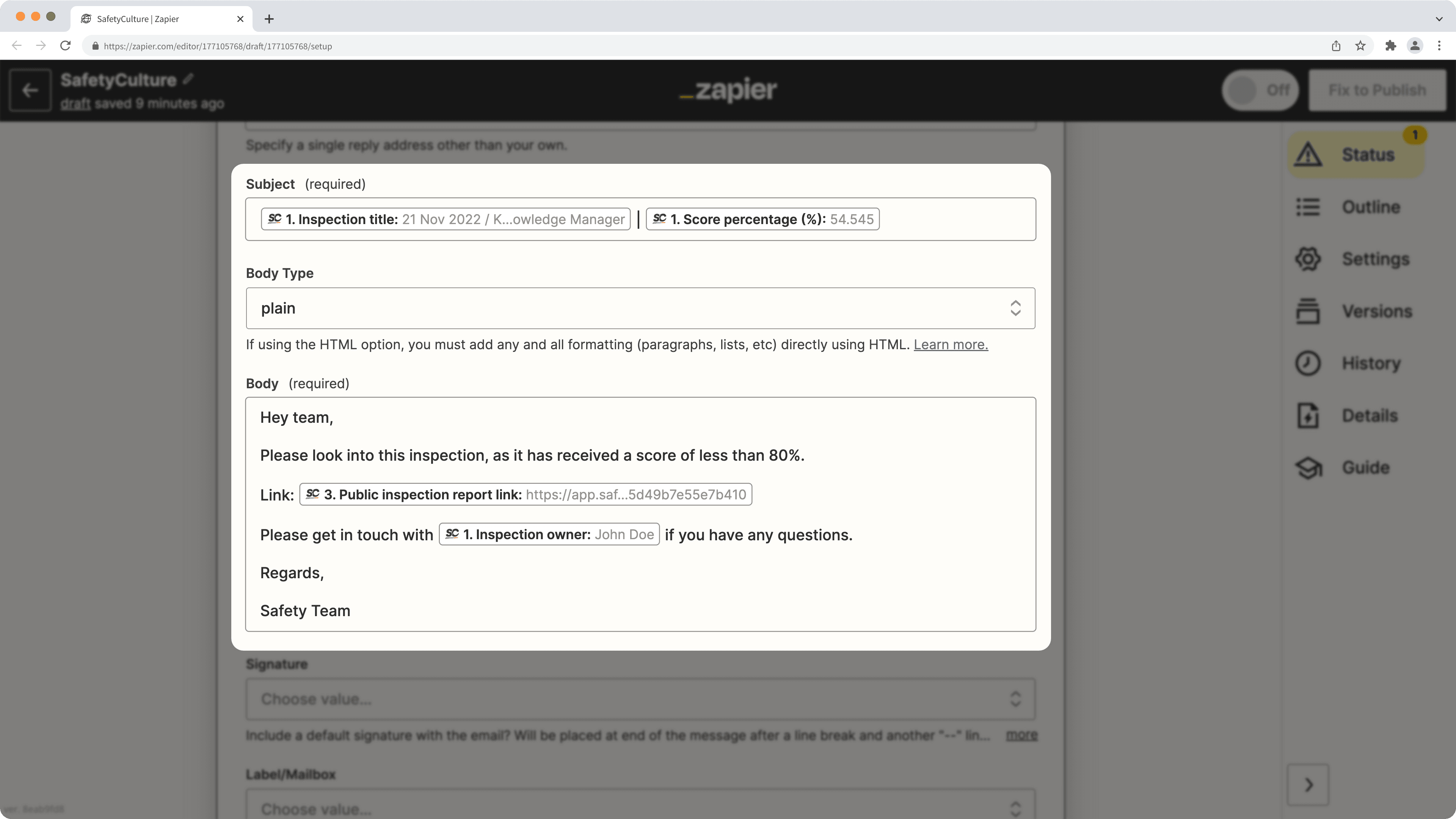 An example of Gmail in Zapier to send inspection report links.