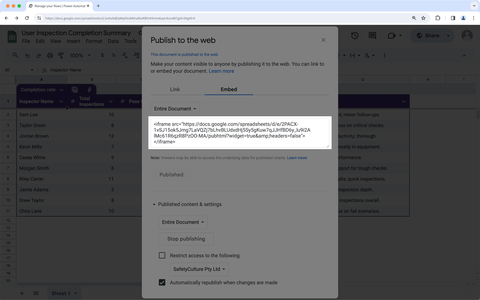 Copy the Google Sheets embed link.
