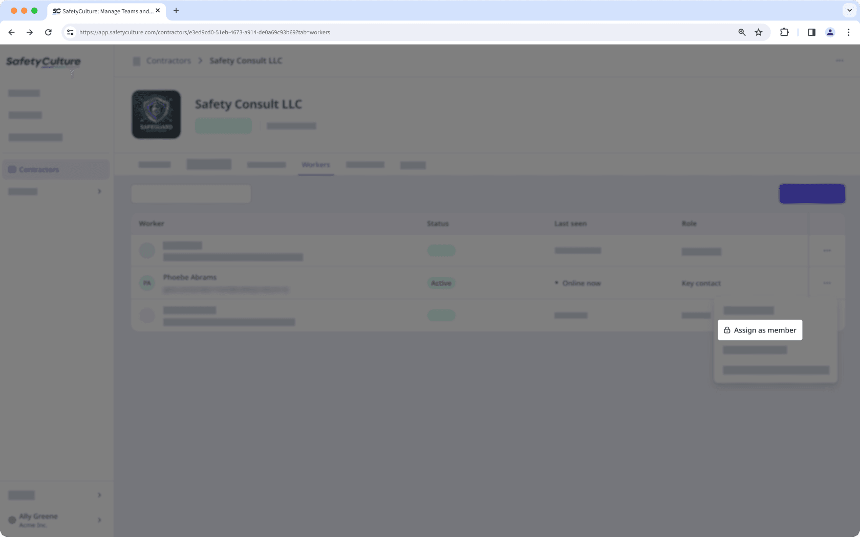 The Workers tab in the company profile with the "Assign as member" button visible.
