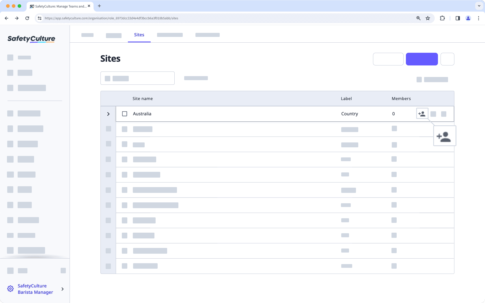 Add users to sites from the site list via the web app.