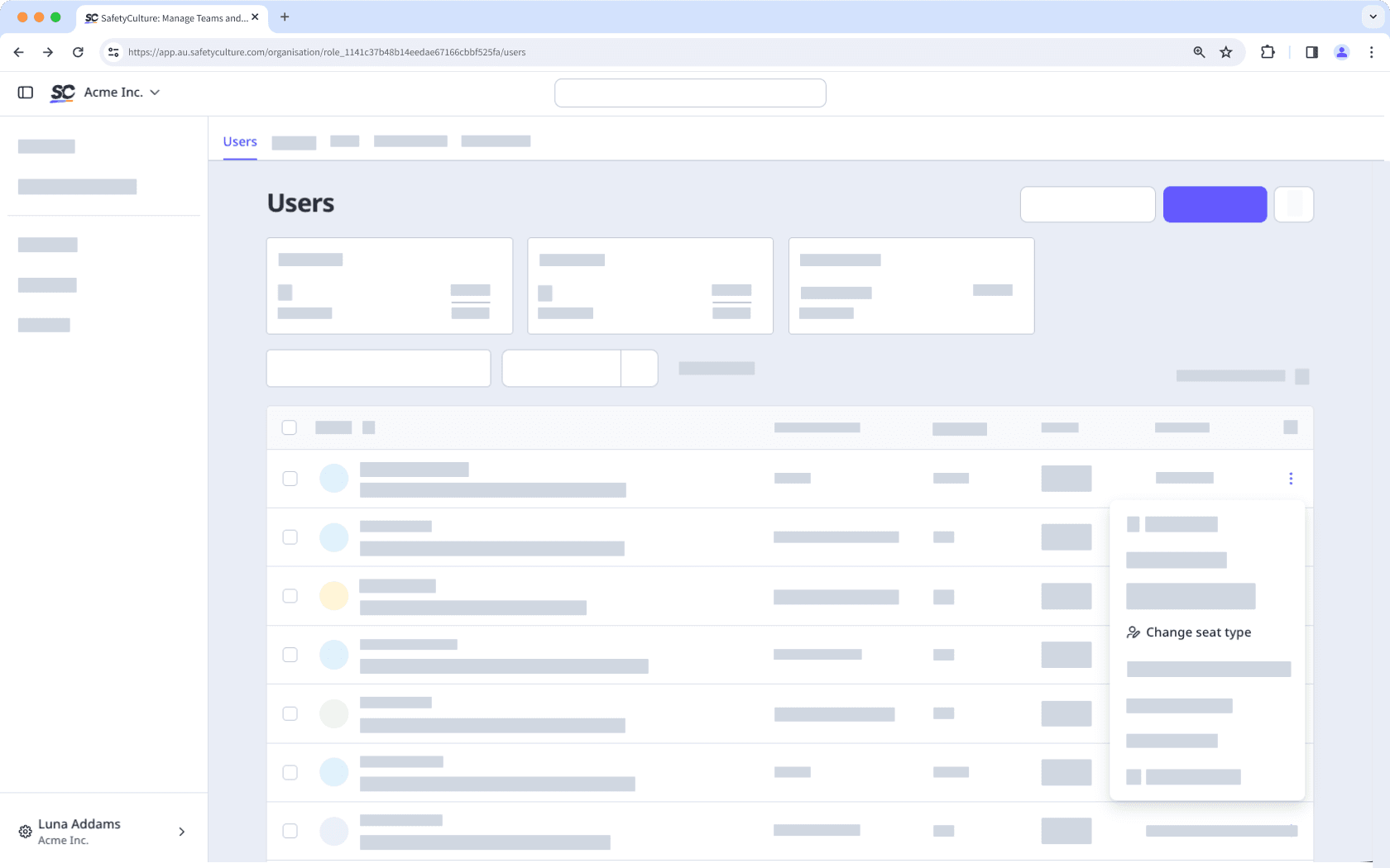 The Users page with the overflow menu open.