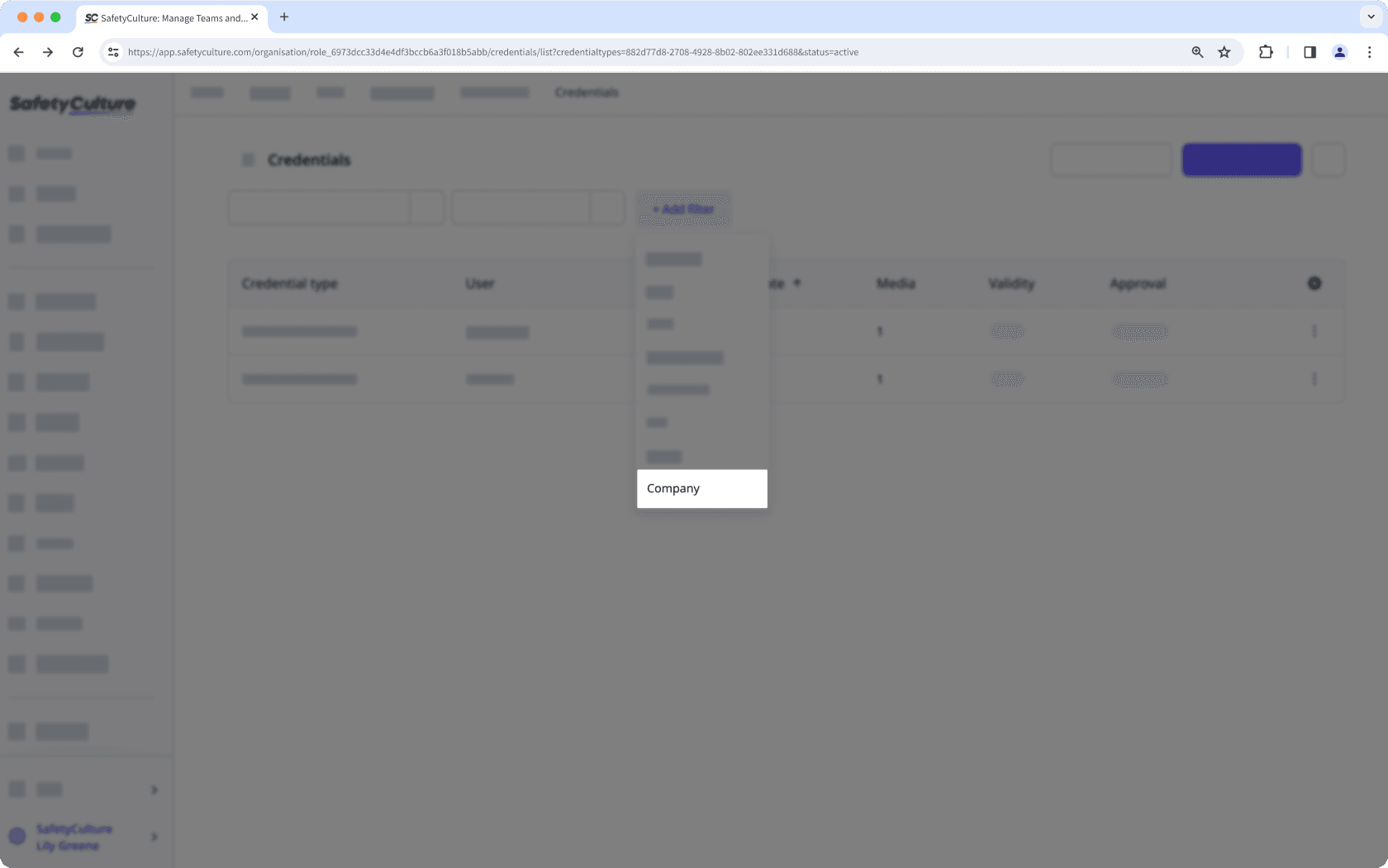 Filter credentials by the associated company on the web app.