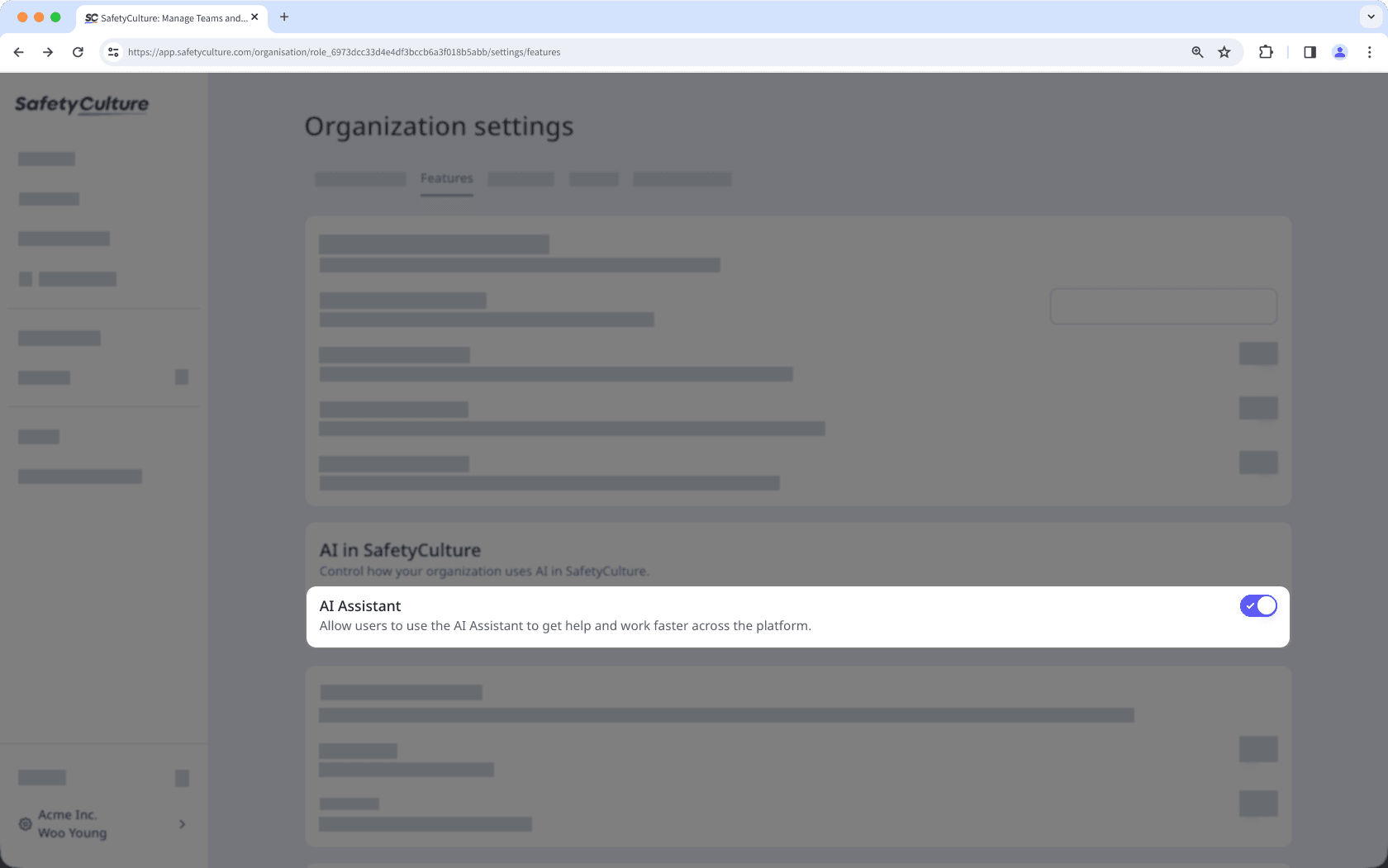 Turn AI Assistant on or off by toggling the setting in the Features section of your Organization settings via the web app.