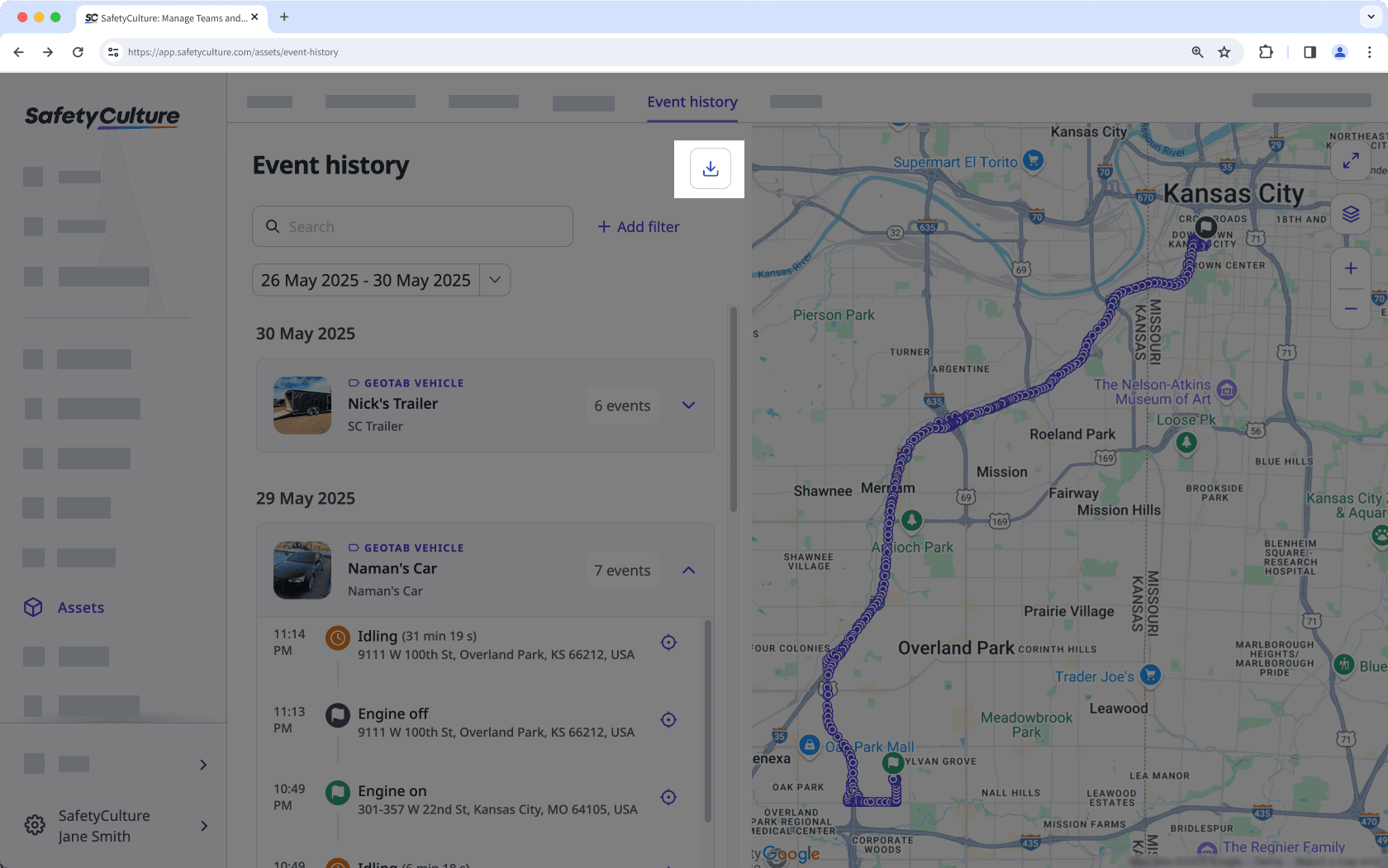 Download past asset events as CSV via the web app.