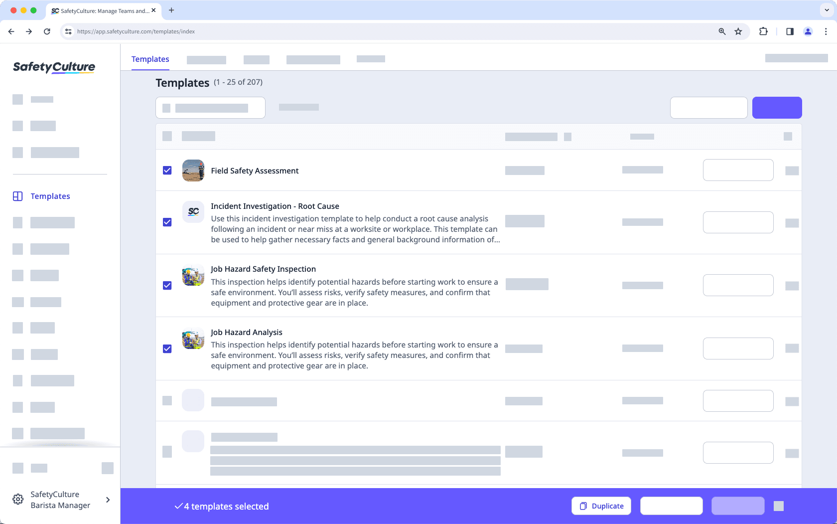 Duplicate multiple templates via the web app.