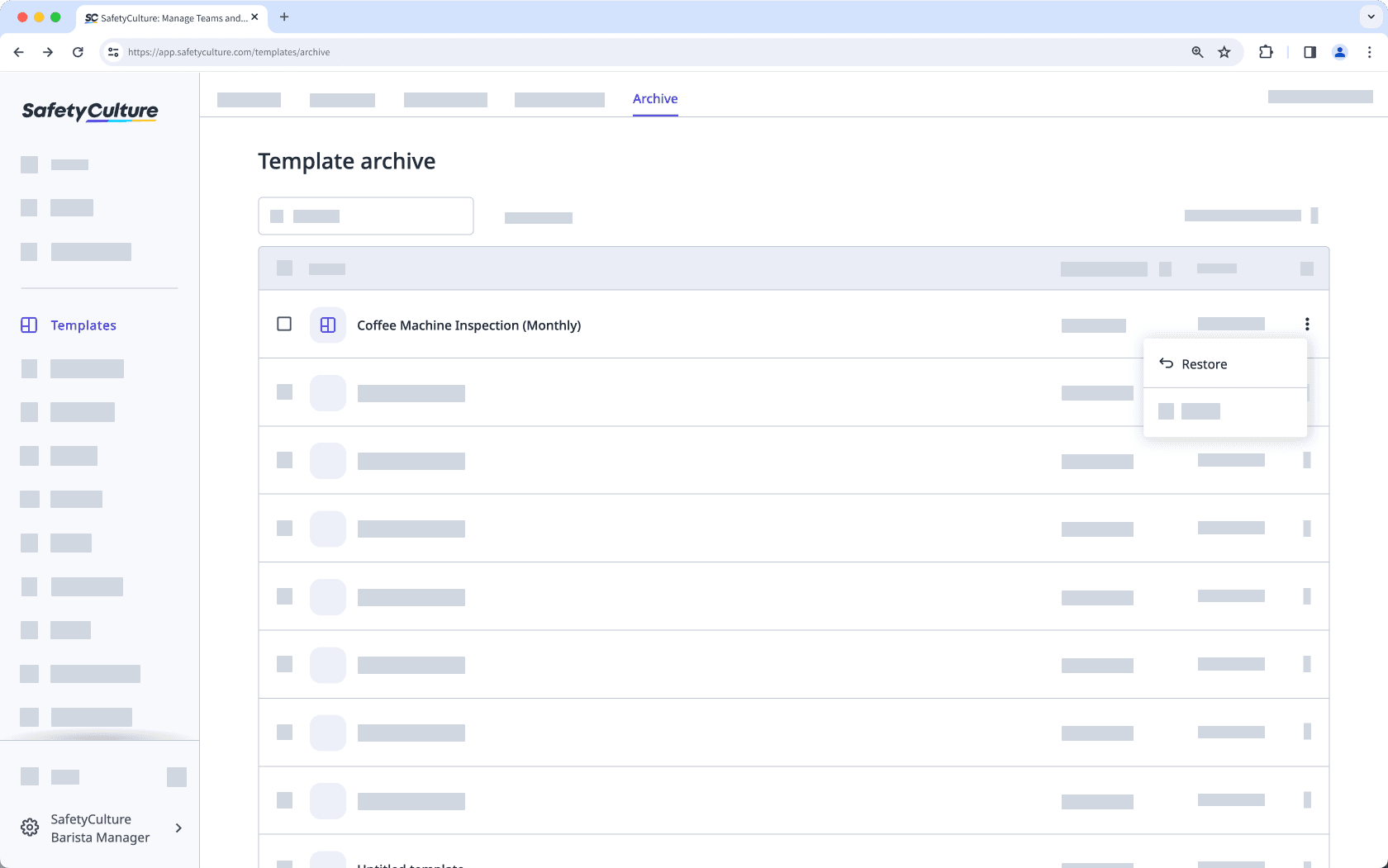 Restore an archived template via the web app.