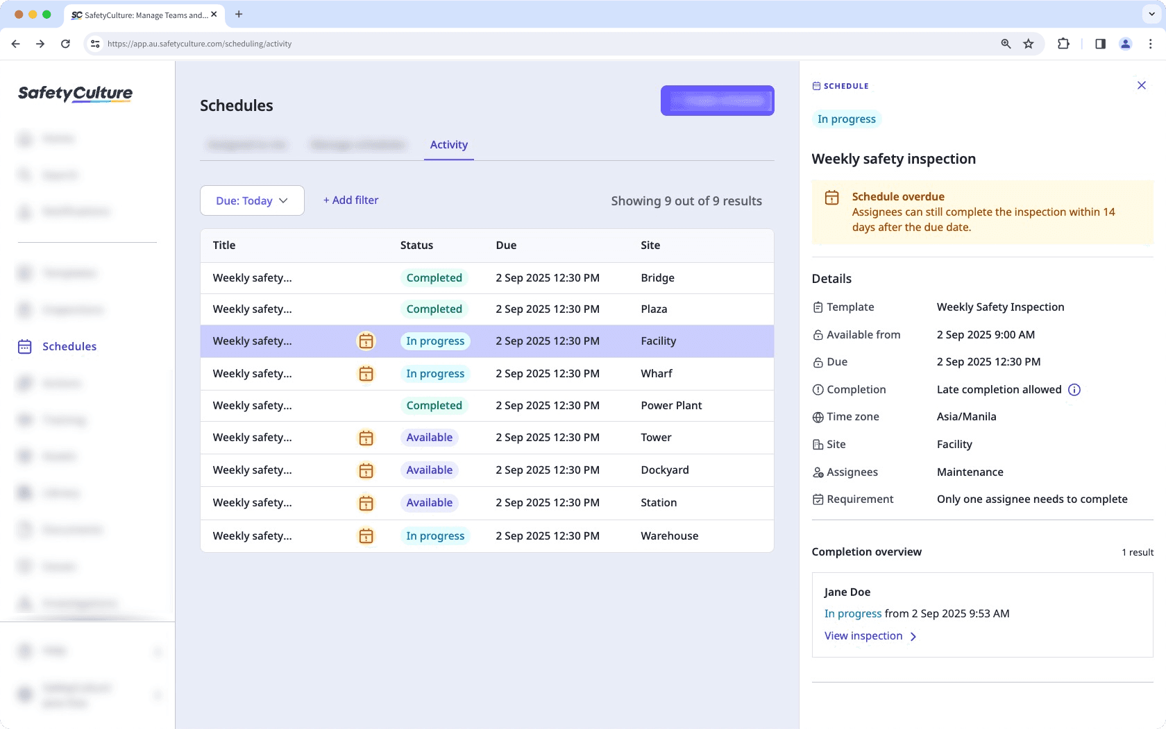 An example of a scheduled repeat's detail panel in the new Schedules experience's "Activity" tab on the web app.