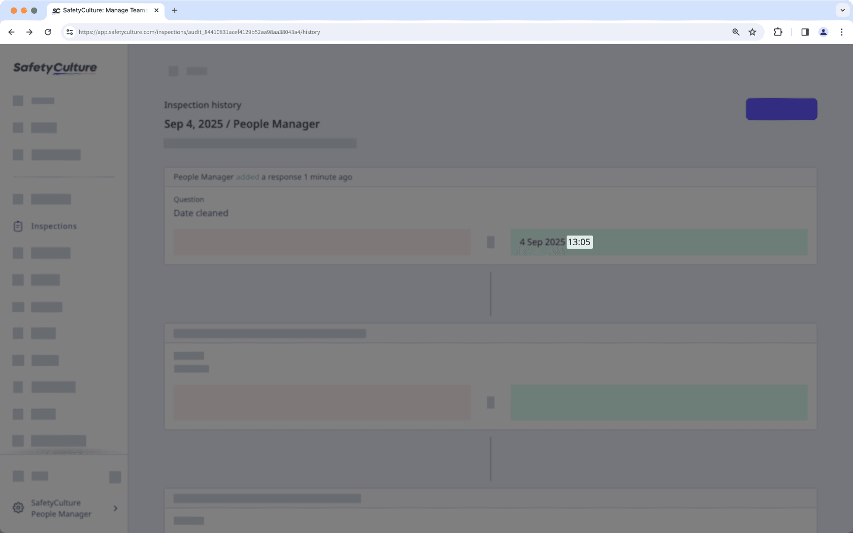 Inspection history shows a time when only the date is selected during an inspection via the web app.