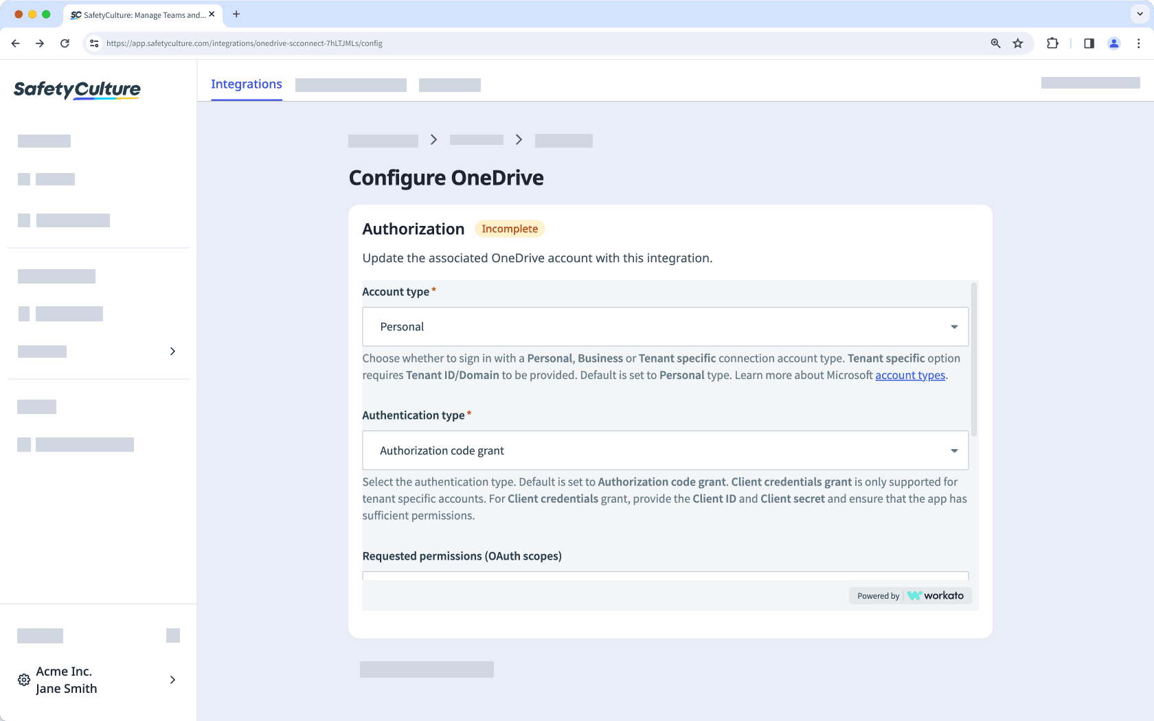 Configure OneDrive integration via the web app.