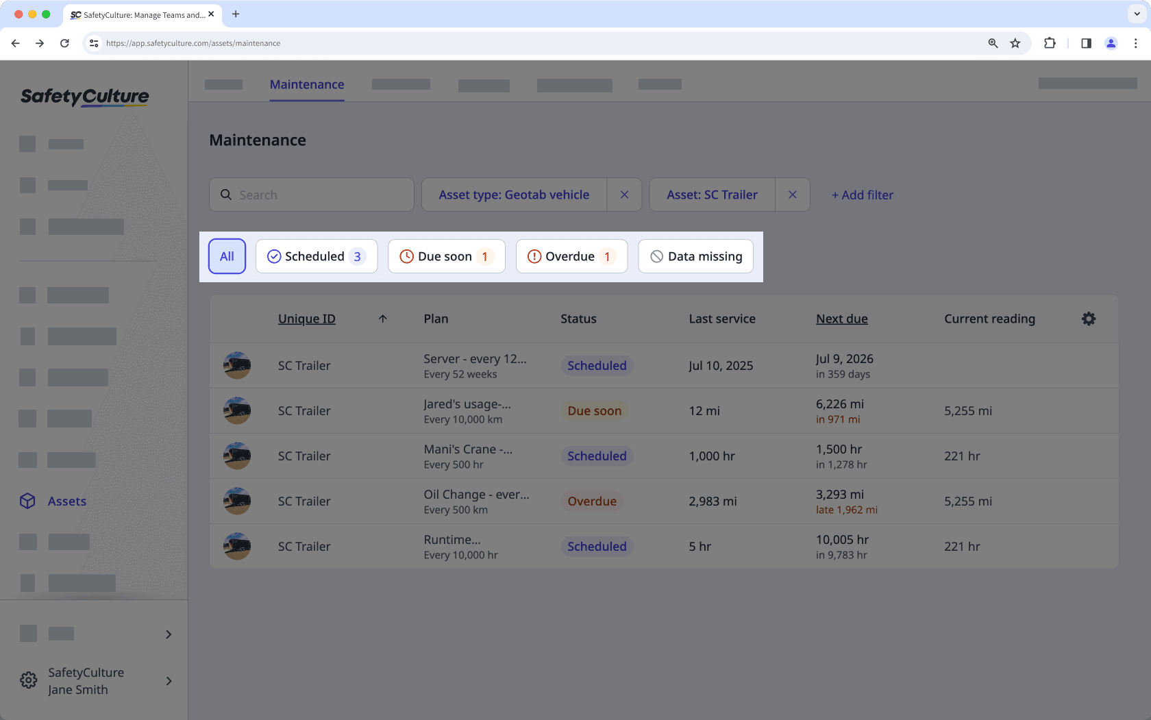 Select an asset maintenance plan status via the web app.