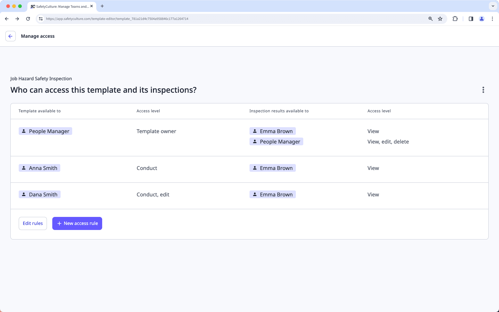 View template and inspection access via the web app.