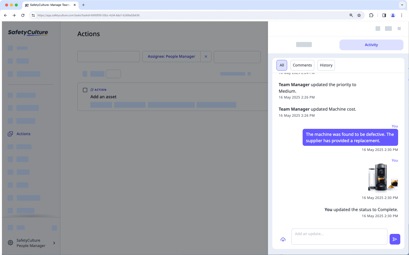 View an assigned action's activity tab on the web app.