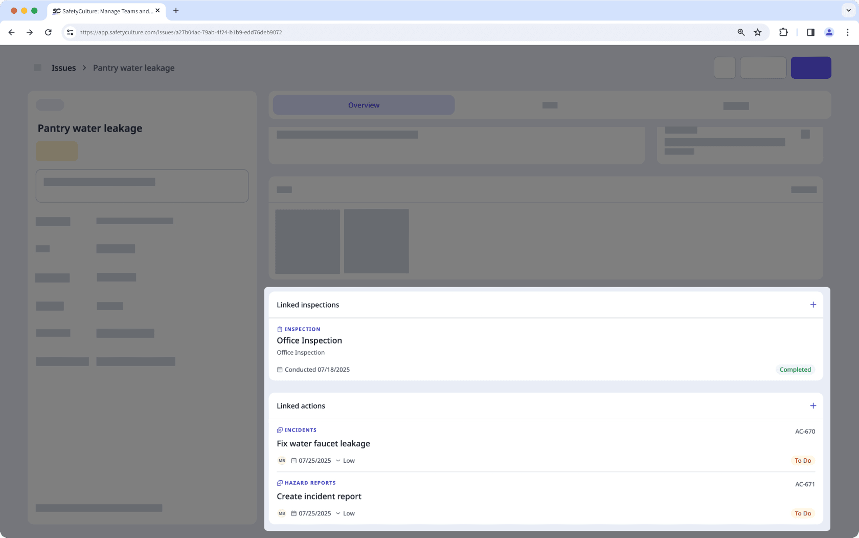 View linked inspections and actions in an issue via the web app.
