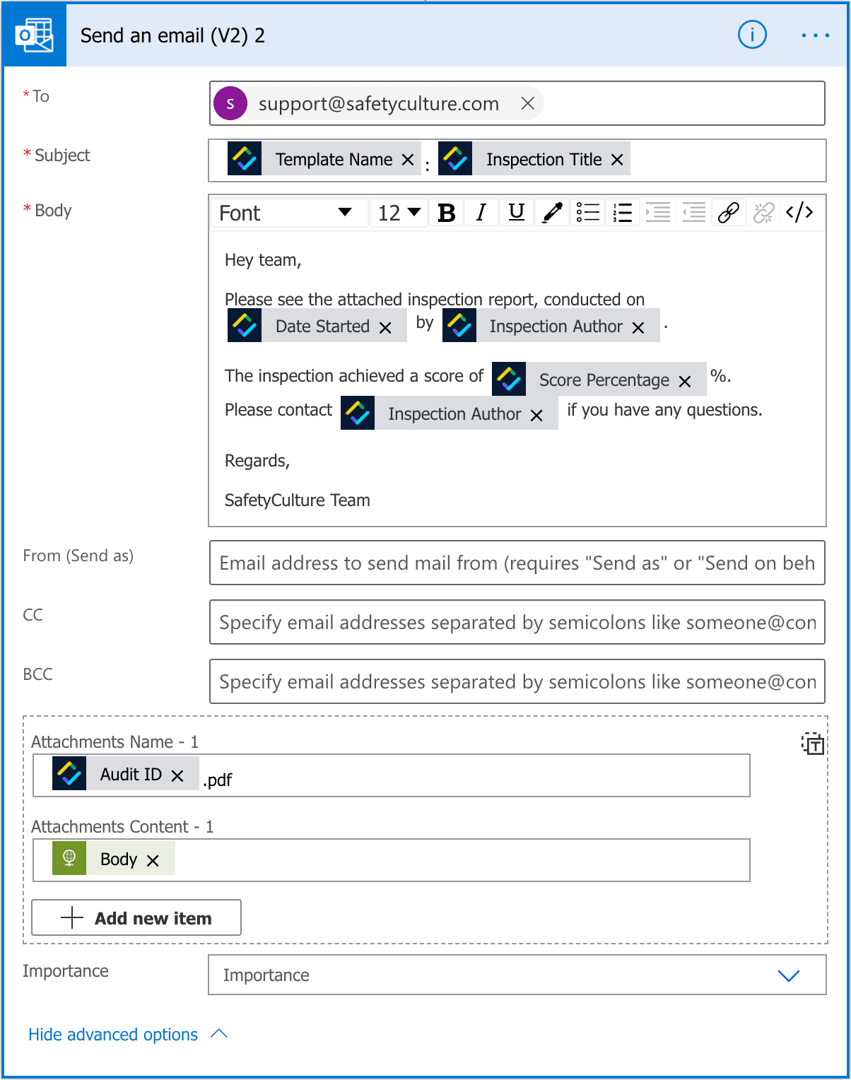 An example of the Outlook action in a Power Automate flow.