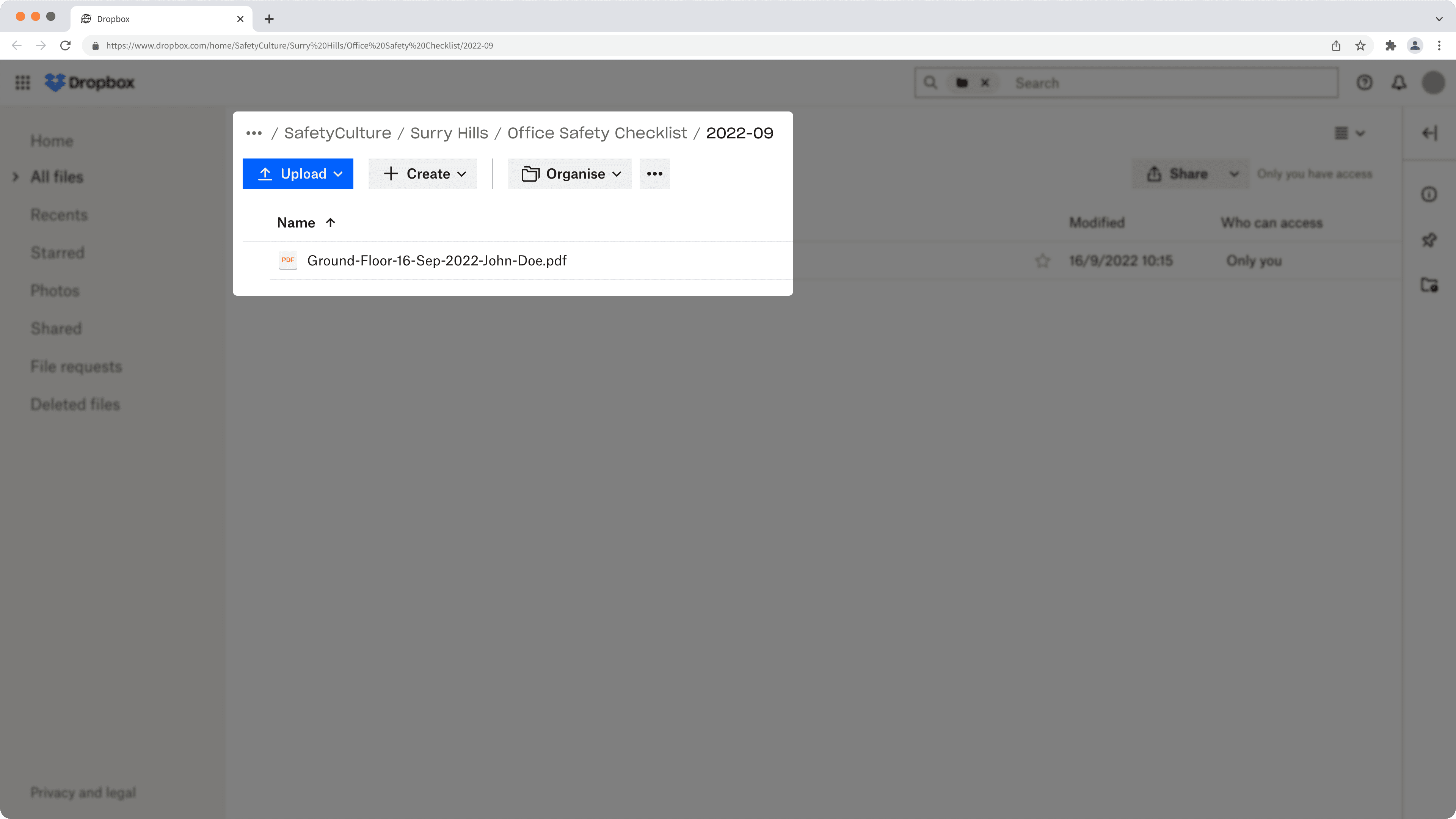 An example of inspection reports in Dropbox from the SafetyCulture integration.