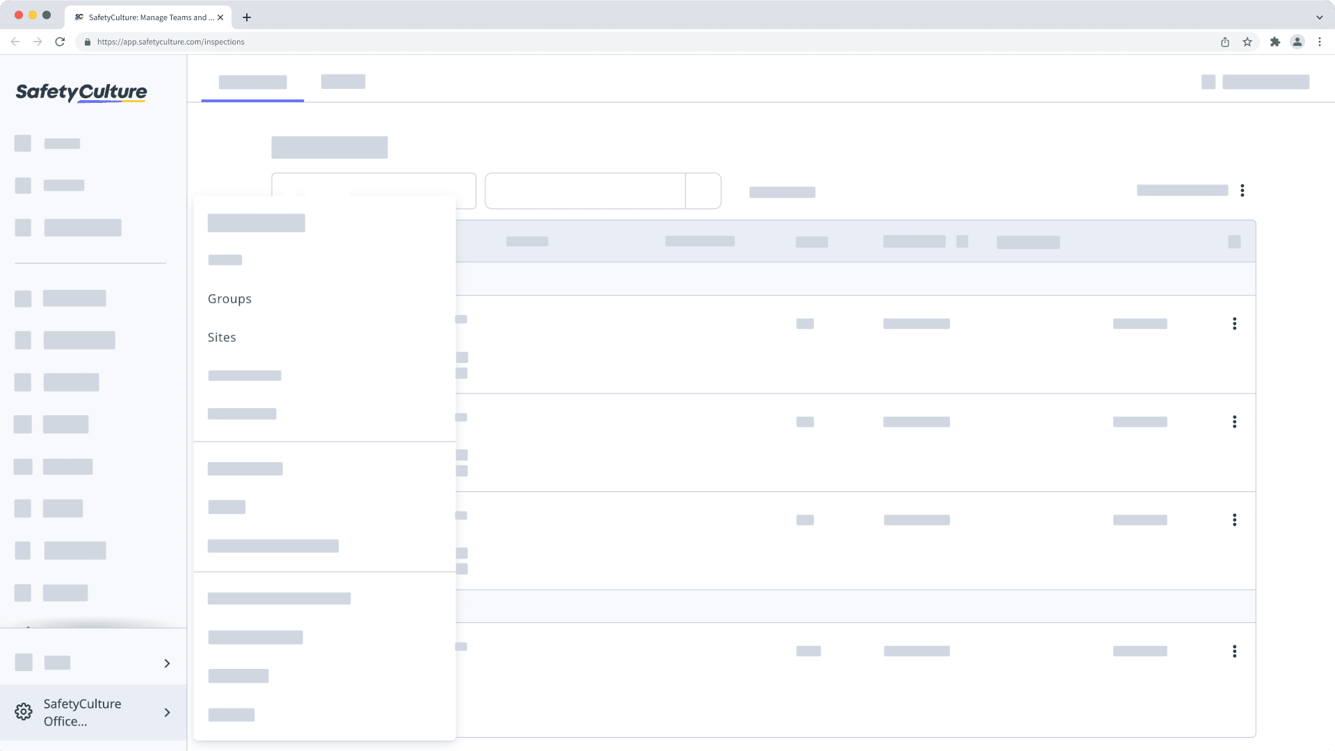 Location of Groups and Sites on the web app.