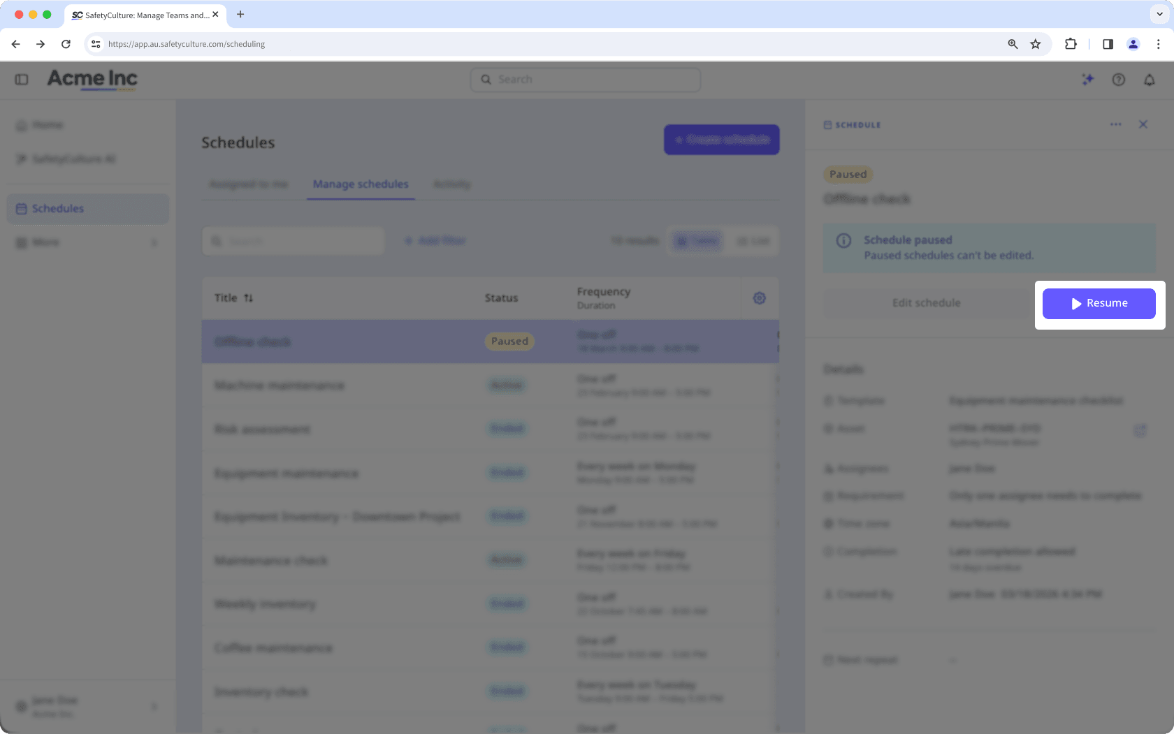 Resume a schedule in the new Schedules experience.