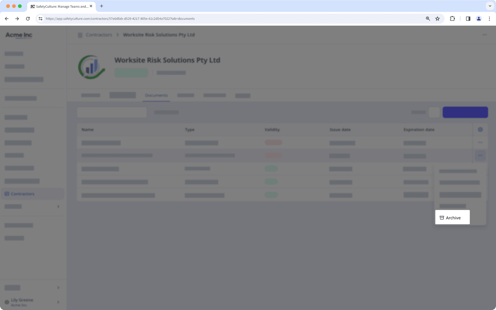 The Documents tab with the "Archive" button visible.