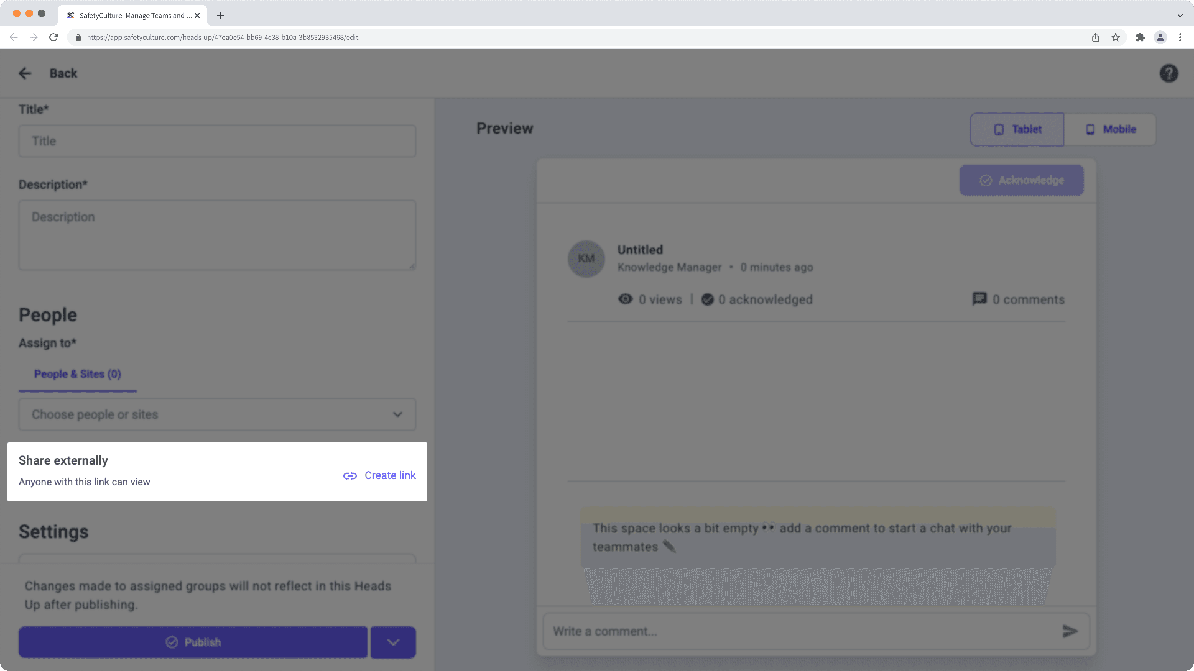 Share a new Heads Up externally via the web app.