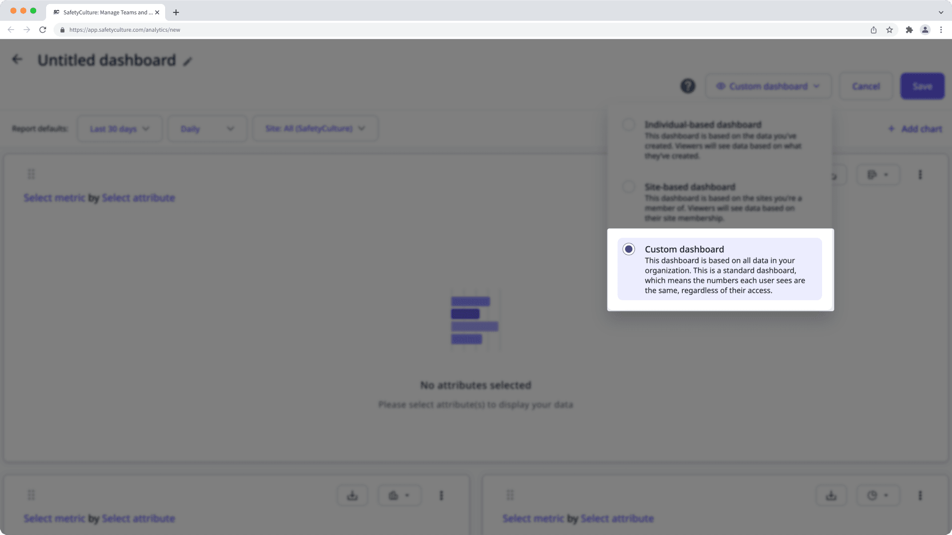 A custom dashboard in Analytics feature on the web app.
