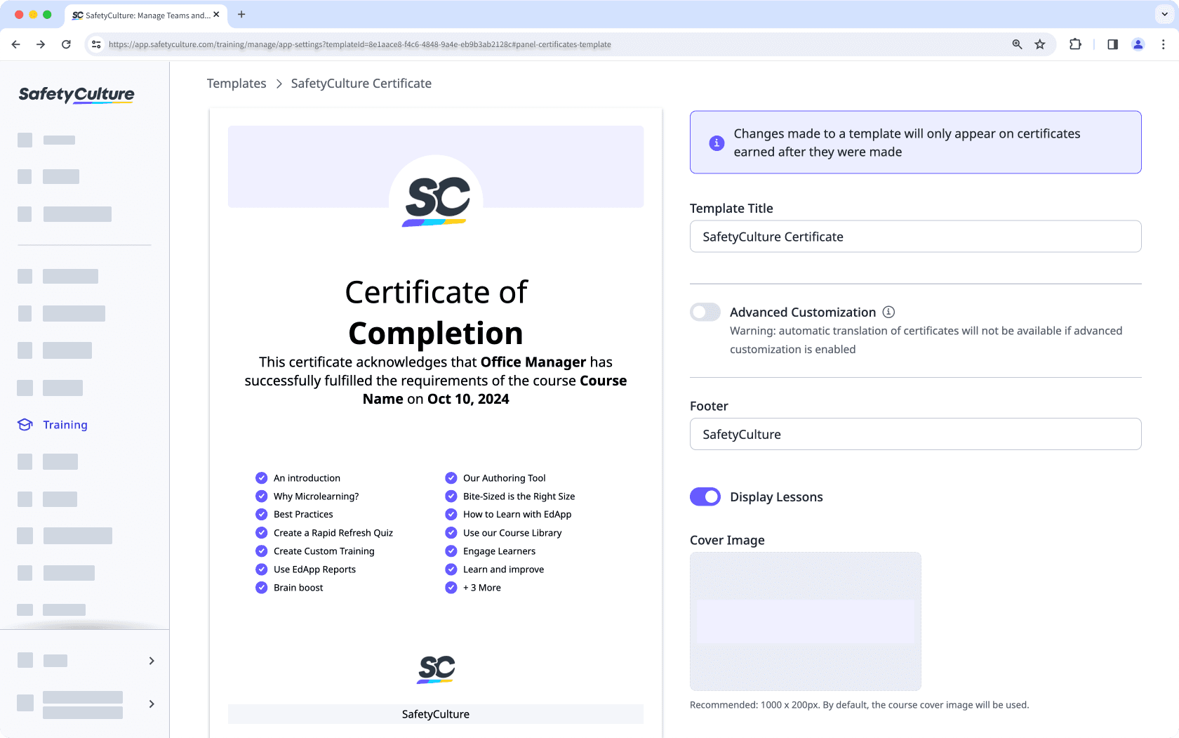 An example of a training course completion certificate template.