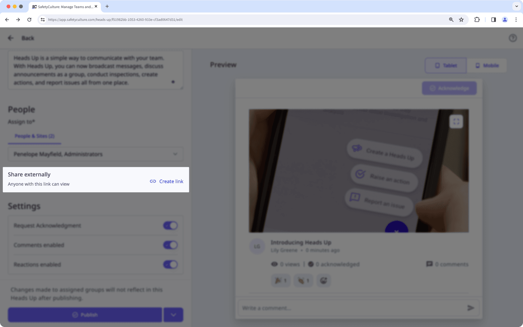 Share Heads Ups externally via the web app.