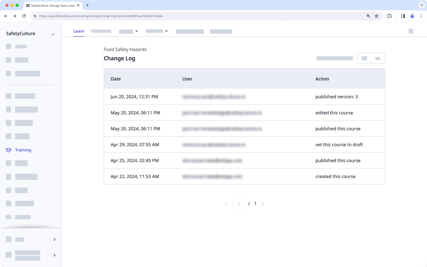 View a course’s change log via the web app.