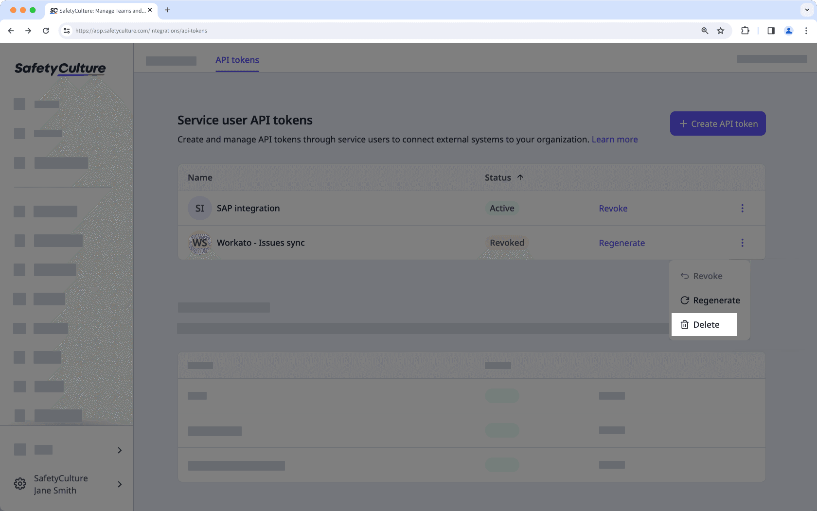 Delete a service user API token via the web app.