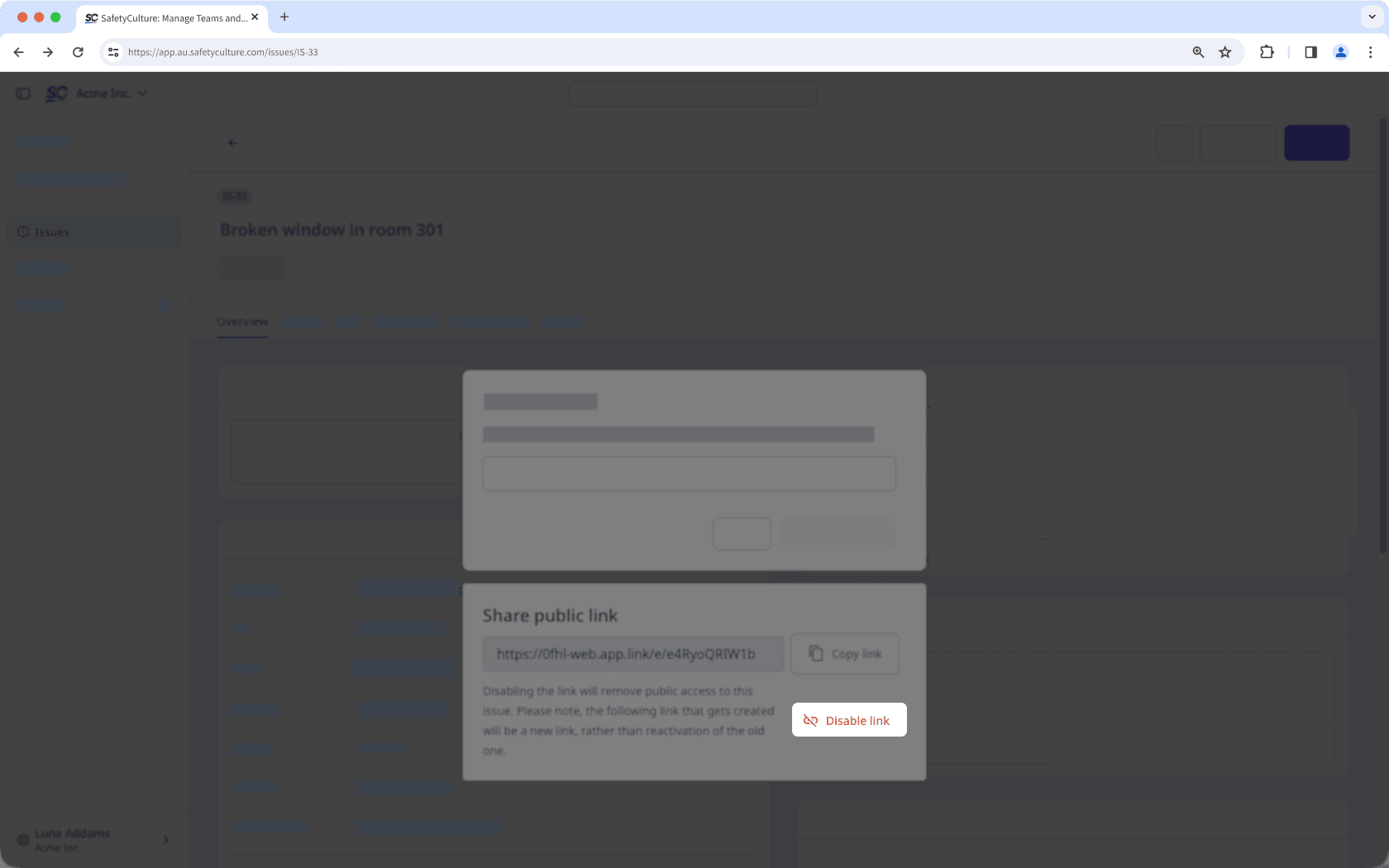 Disable an issue public link in the new issues profile via the web app.