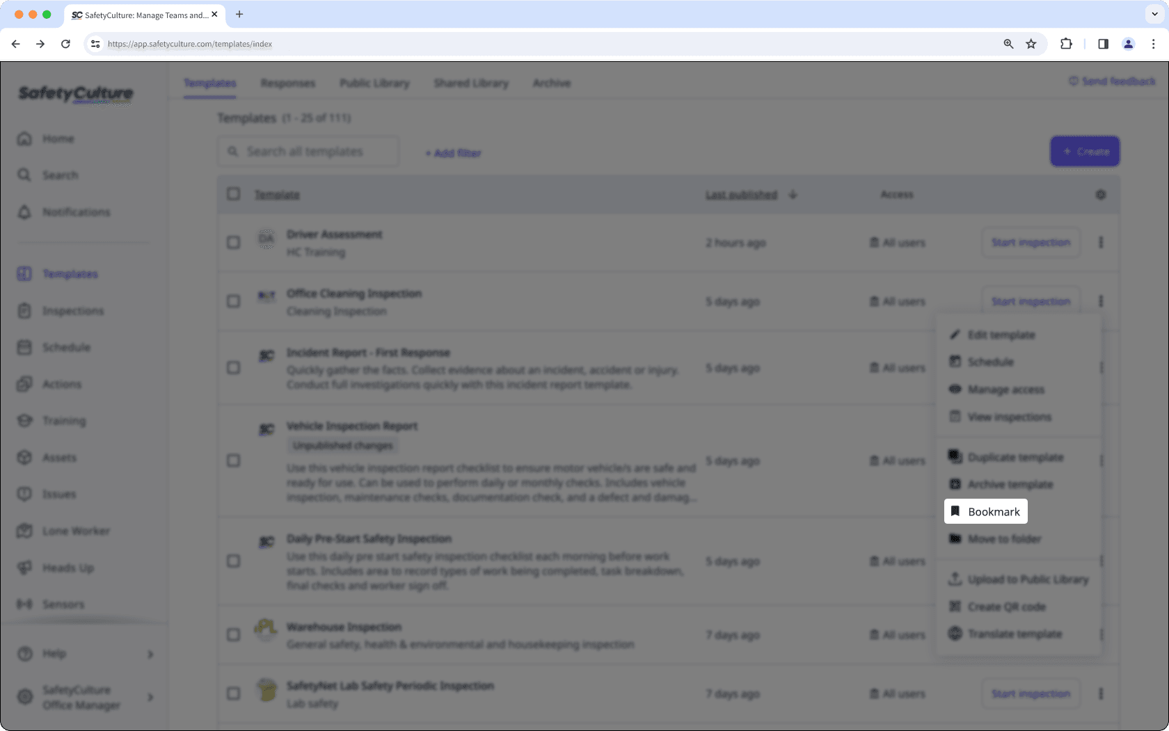 Bookmark template via the web app.