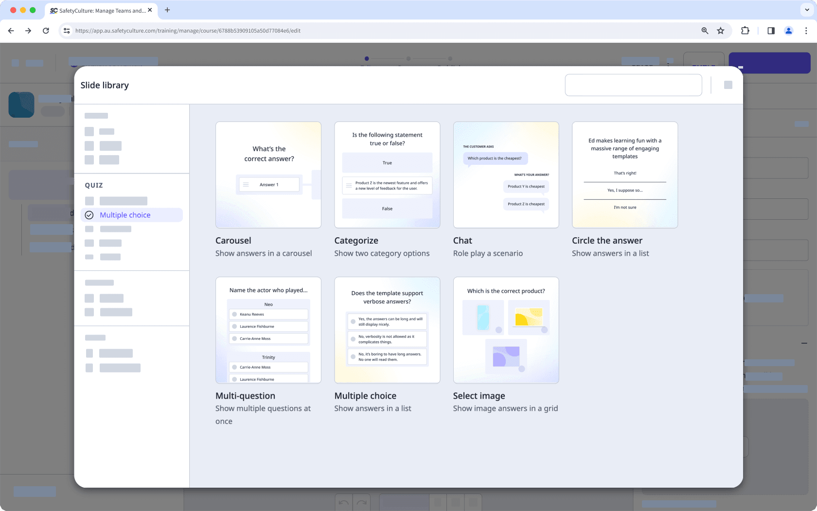 An example of multiple choice slide templates for training course lessons via the web app.