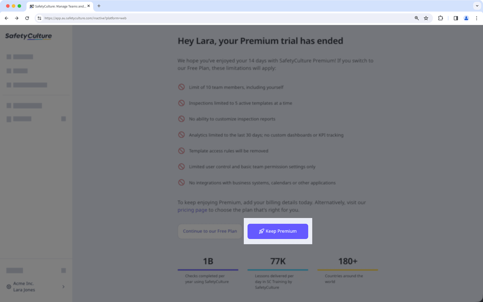 The 'your Premium trial has ended' page showing the 'Keep Premium' option to continue using the plan.
