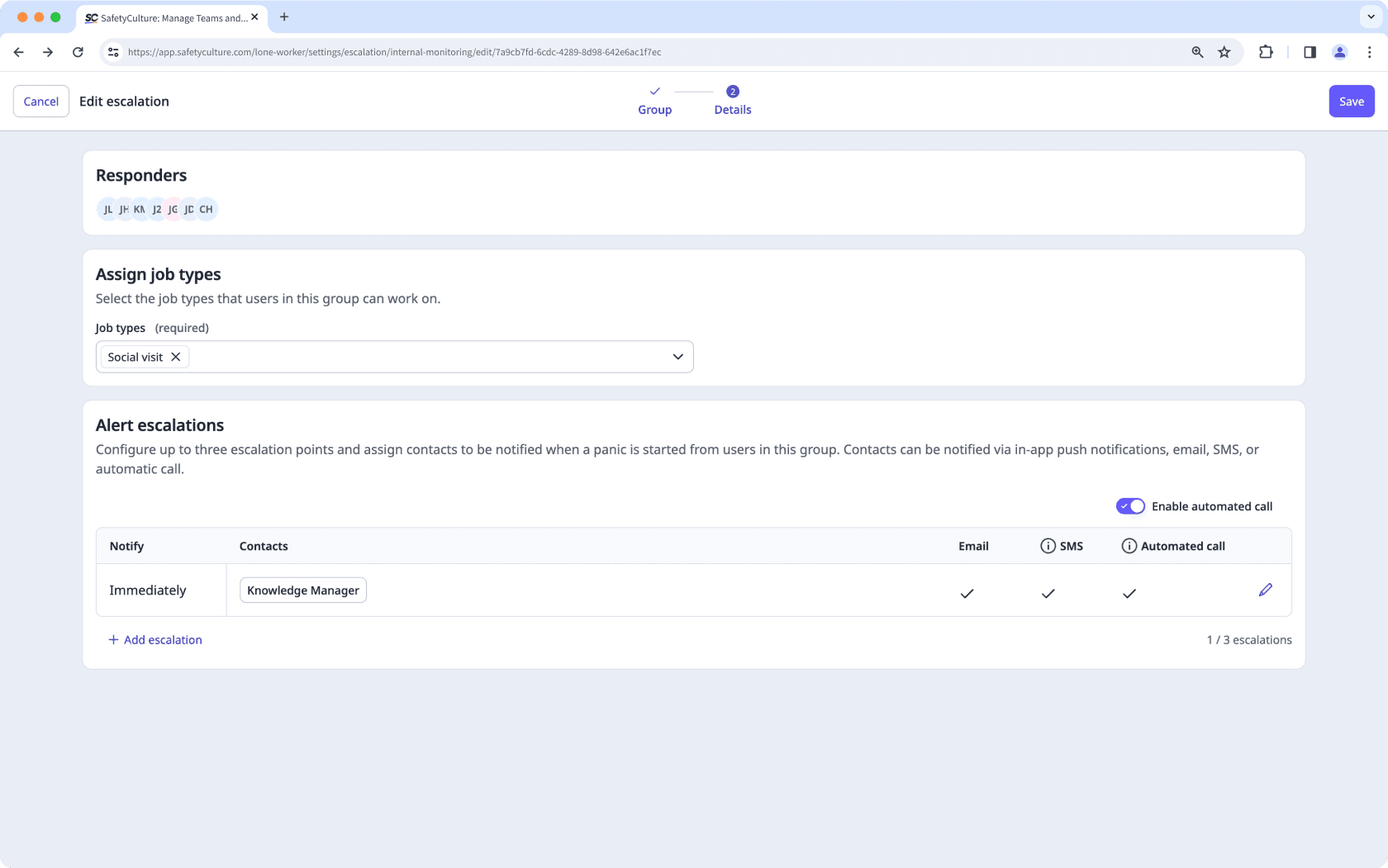 An example of alert escalations for a group in the Lone Worker feature on the web app.