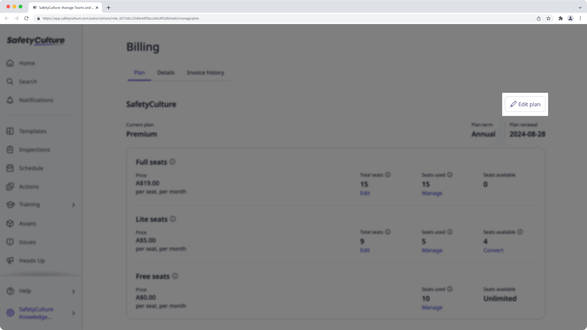 Edit a SafetyCulture plan via the web app to manage seats.