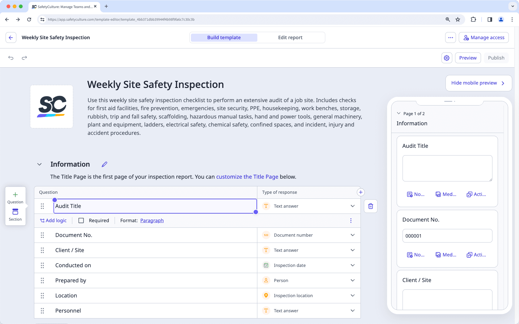 The template editor shown in the web app.