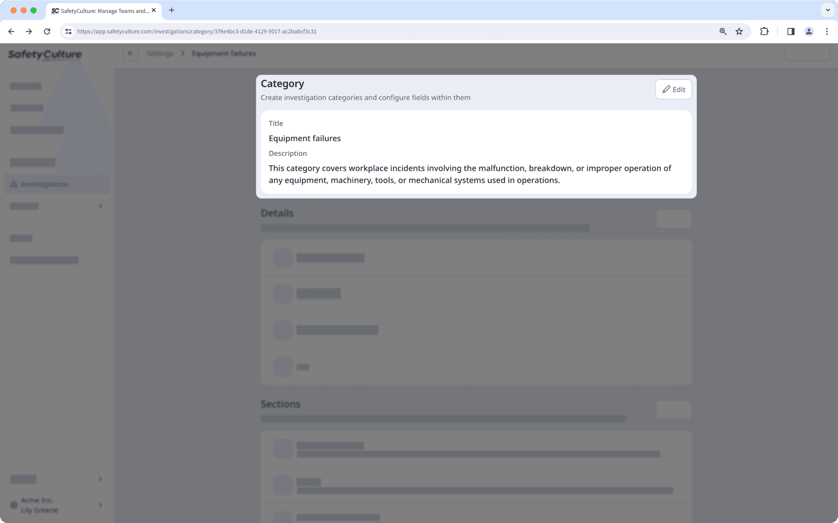 Investigation category section shown on the Settings page.
