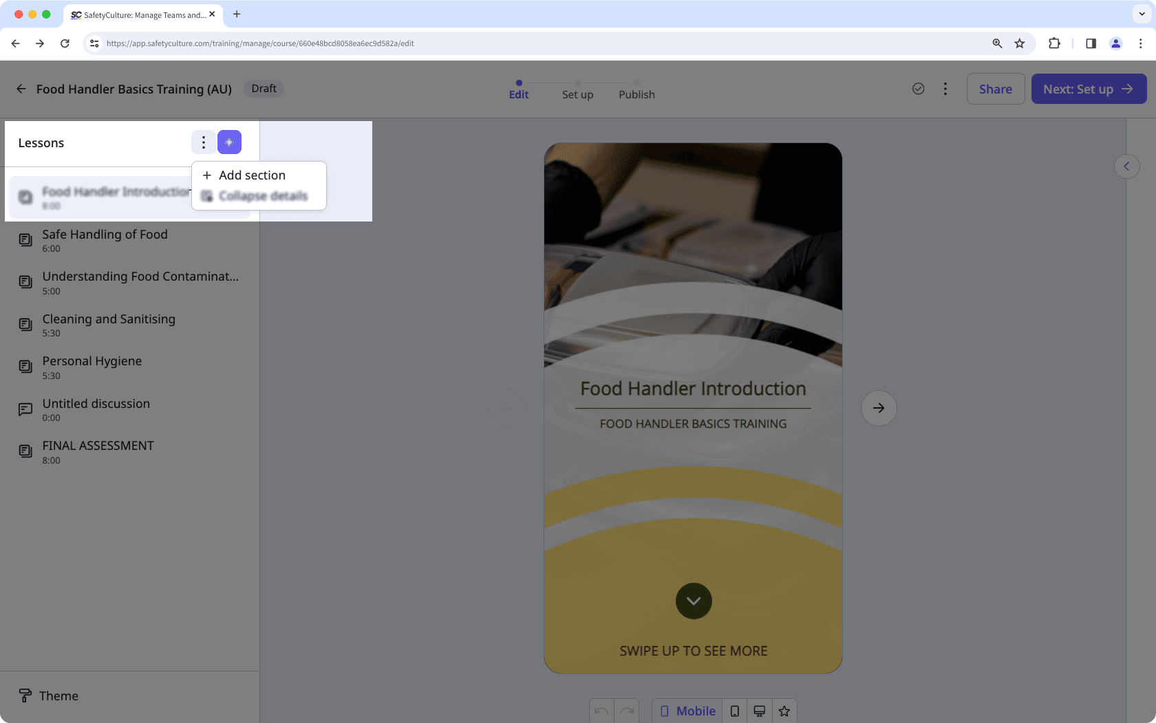 Add a course section via the SafetyCulture web app.