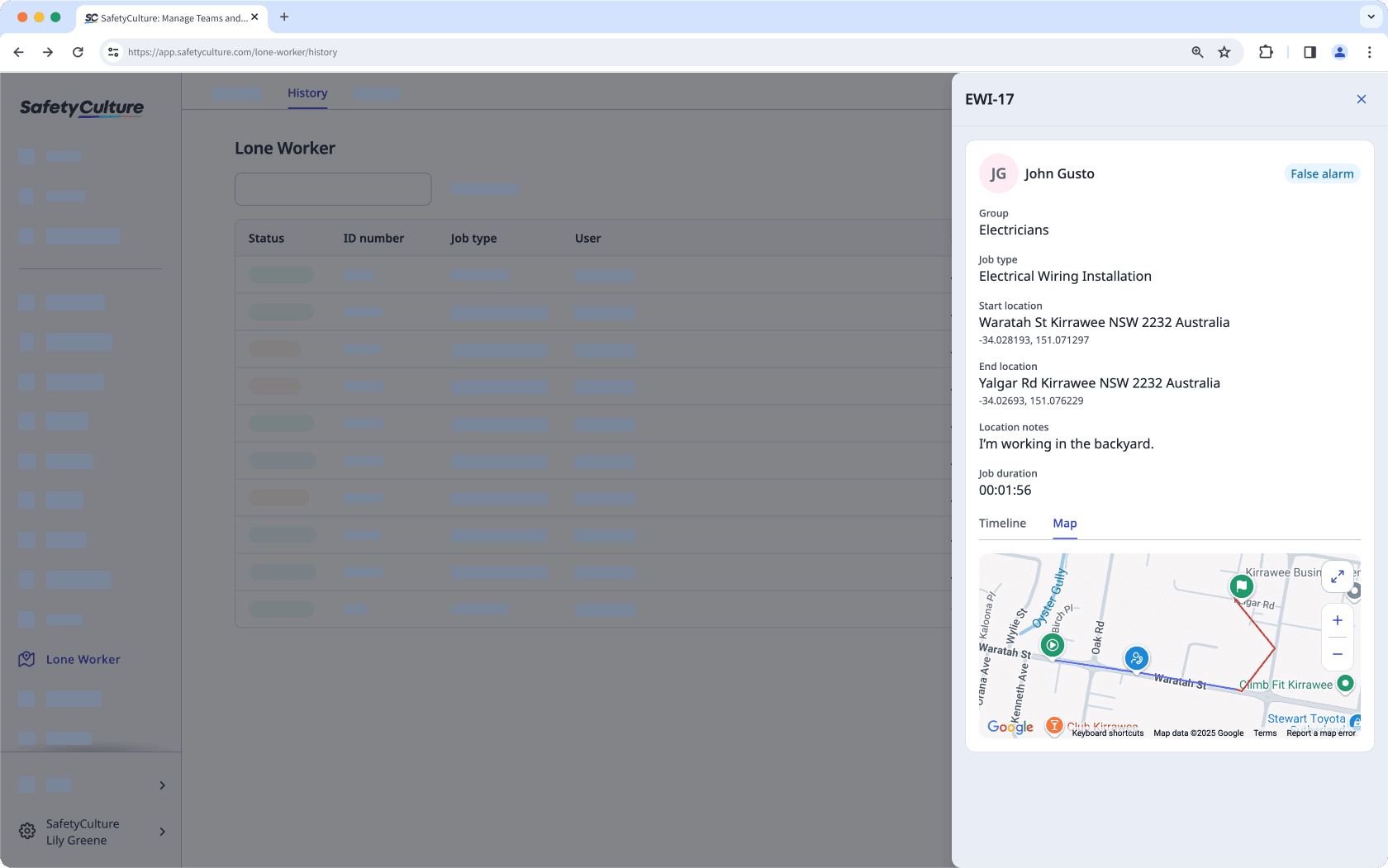 View historical lone-work jobs via the web app.