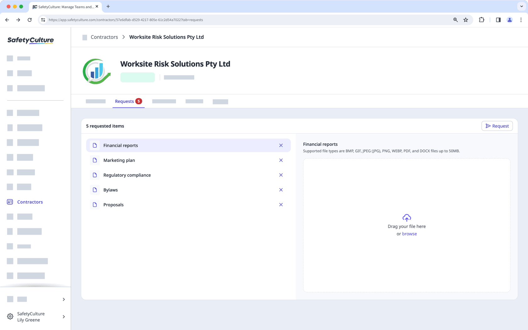An example of the Requests tab in the company profile on the web app.