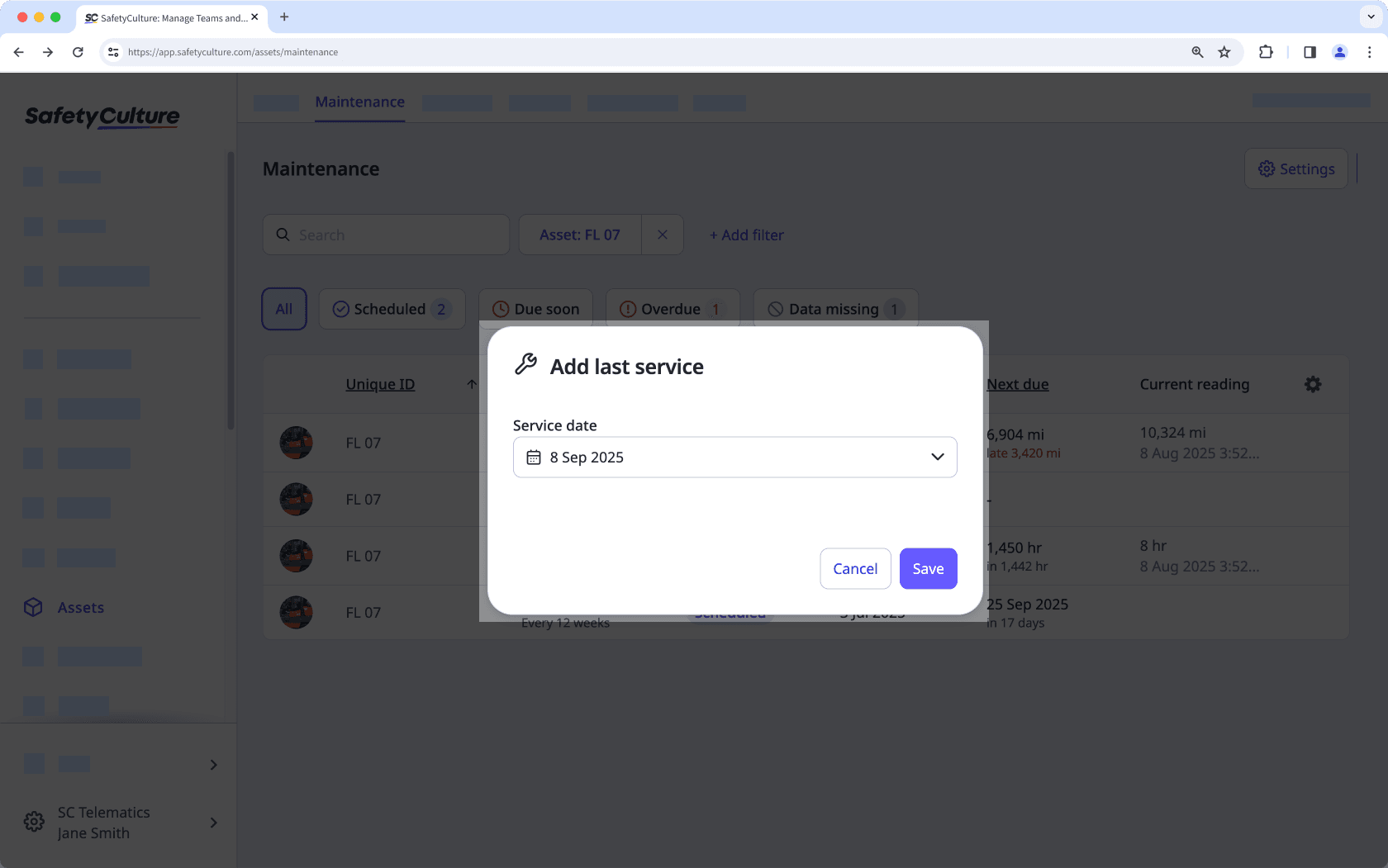 Enter an asset's last service details via the web app.