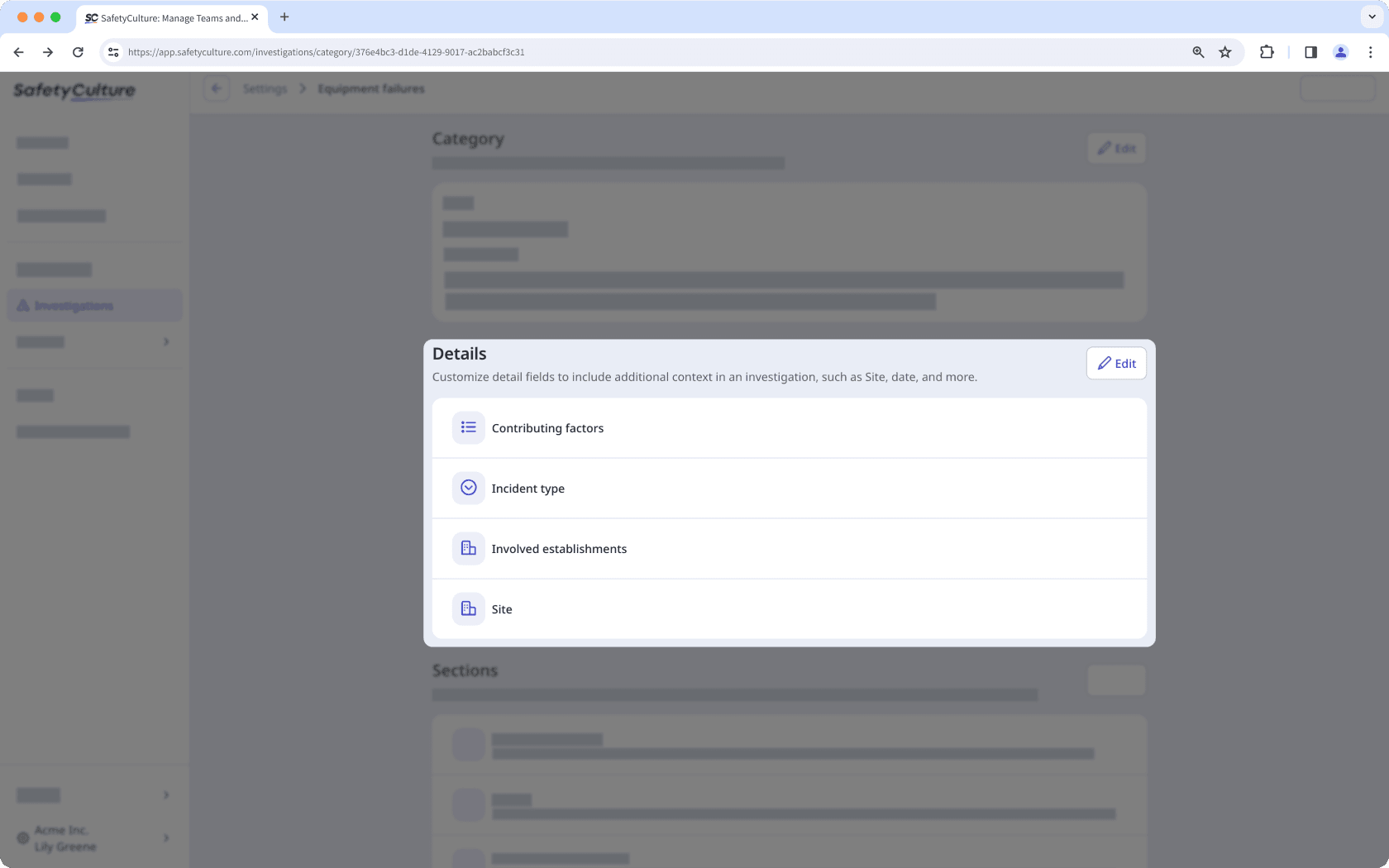 Detail fields section shown on the investigation category page.